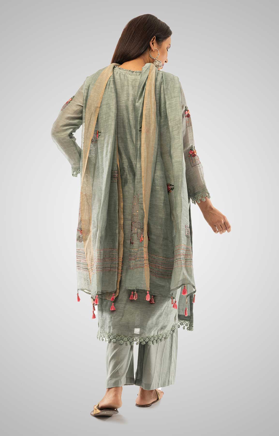 Grey Linen Palazzo Suit With Resham Work – Viraaya By Ushnakmals