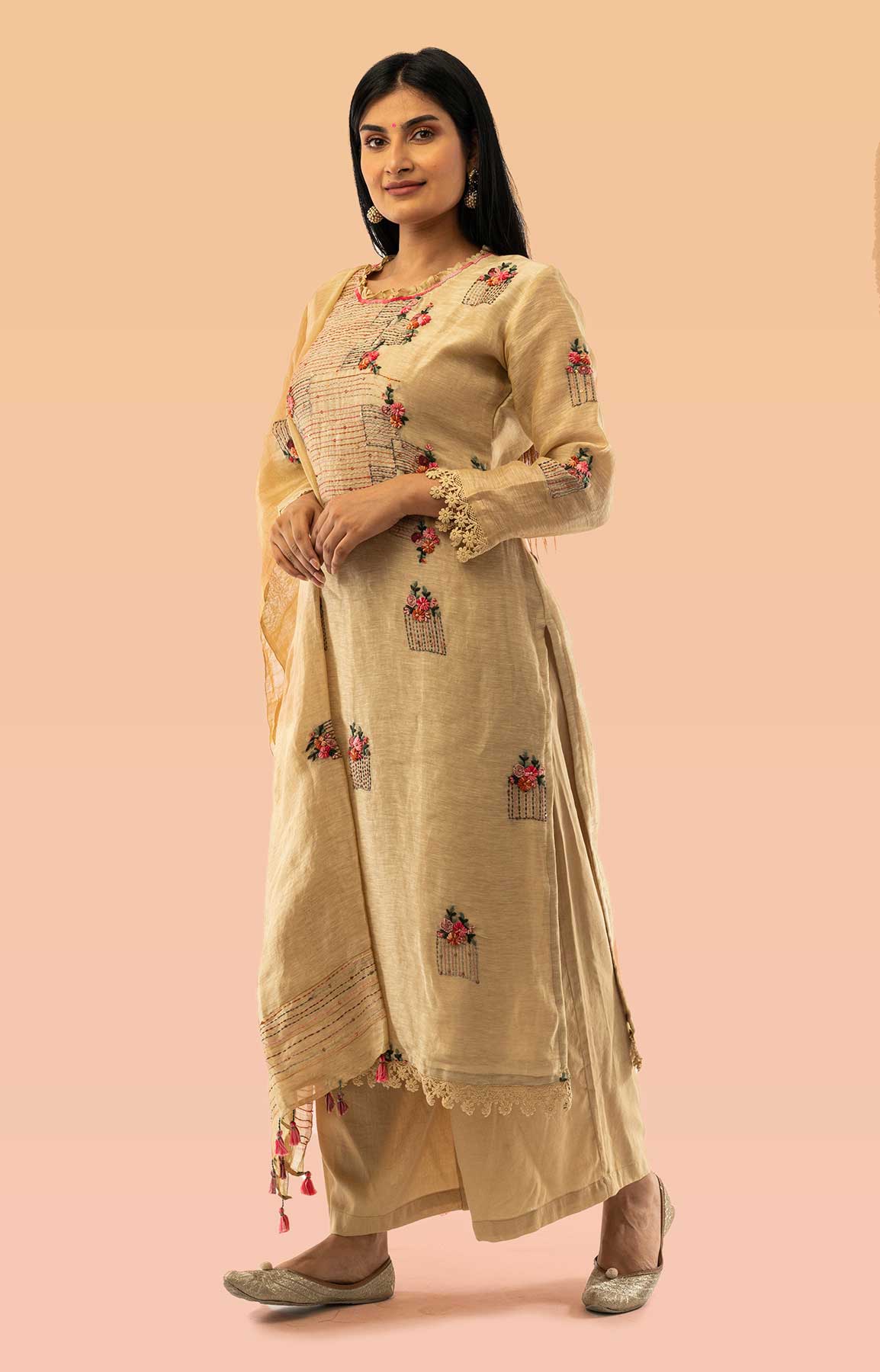 Beige Linen Palazzo Suit With Resham Work – Viraaya By Ushnakmals