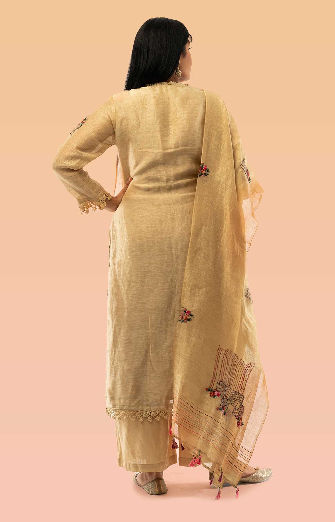 Beige Linen Palazzo Suit With Resham Work – Viraaya By Ushnakmals