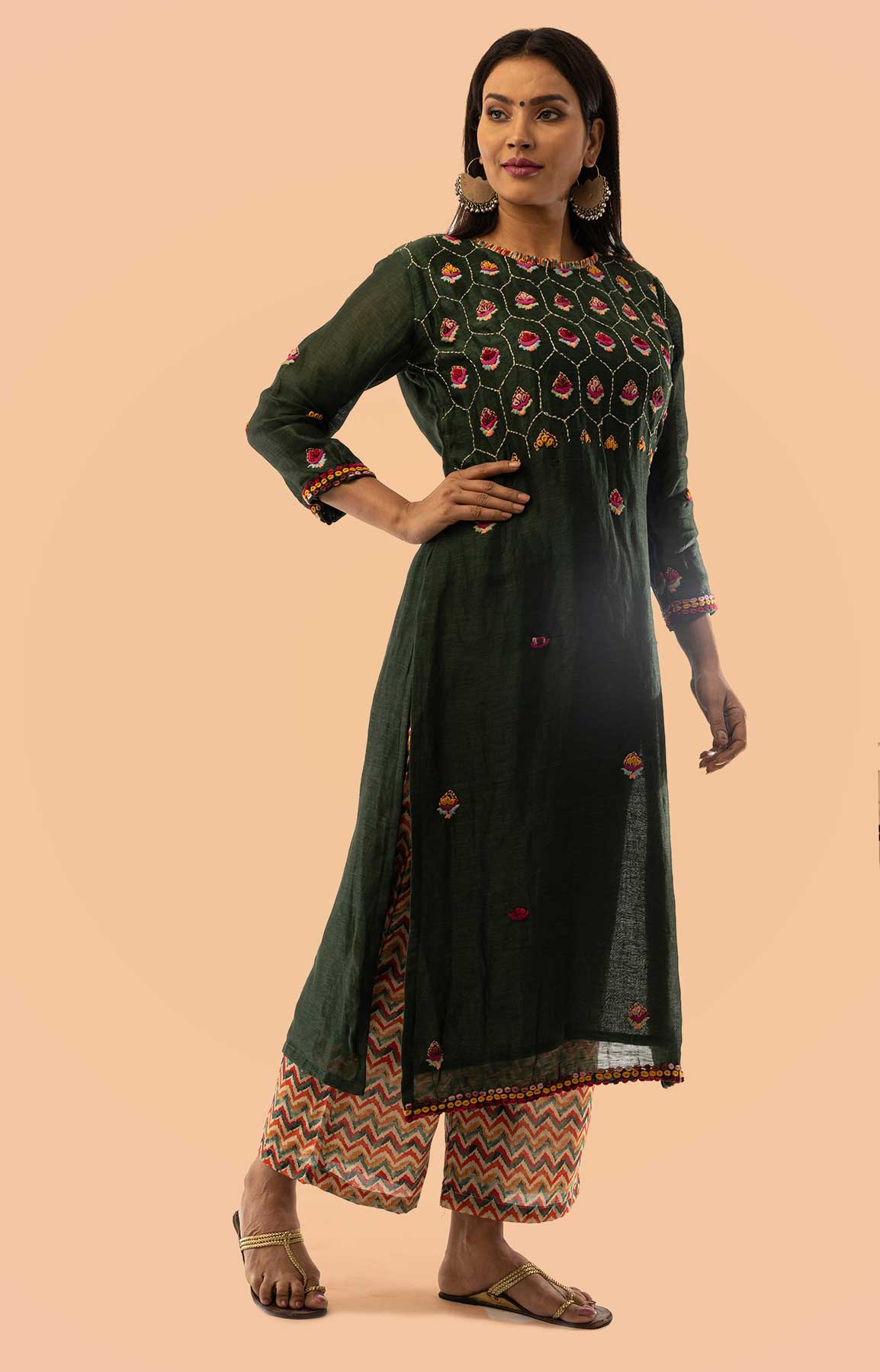 Bottle Green Linen Palazzo Suit Teamed With Printed Palazzo Adorned With Resham Work – Viraaya By Ushnakmals