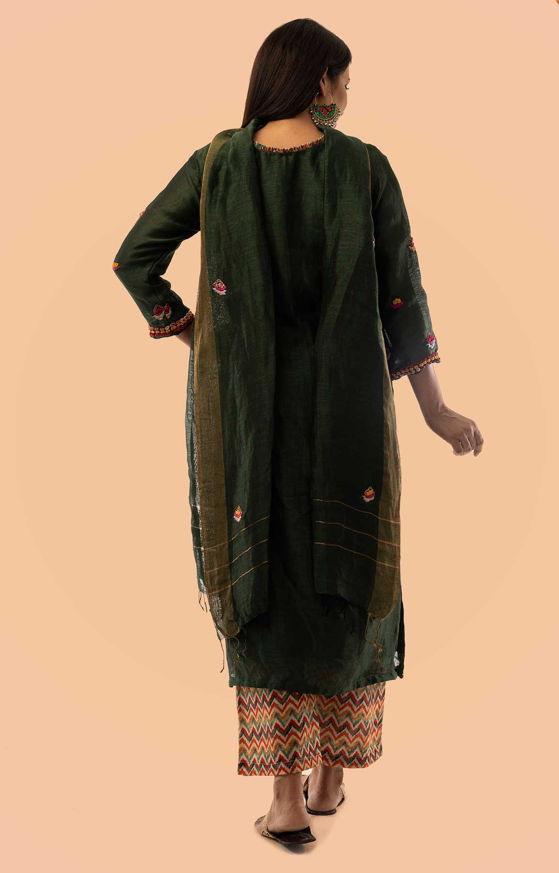 Bottle Green Linen Palazzo Suit Teamed With Printed Palazzo Adorned With Resham Work – Viraaya By Ushnakmals