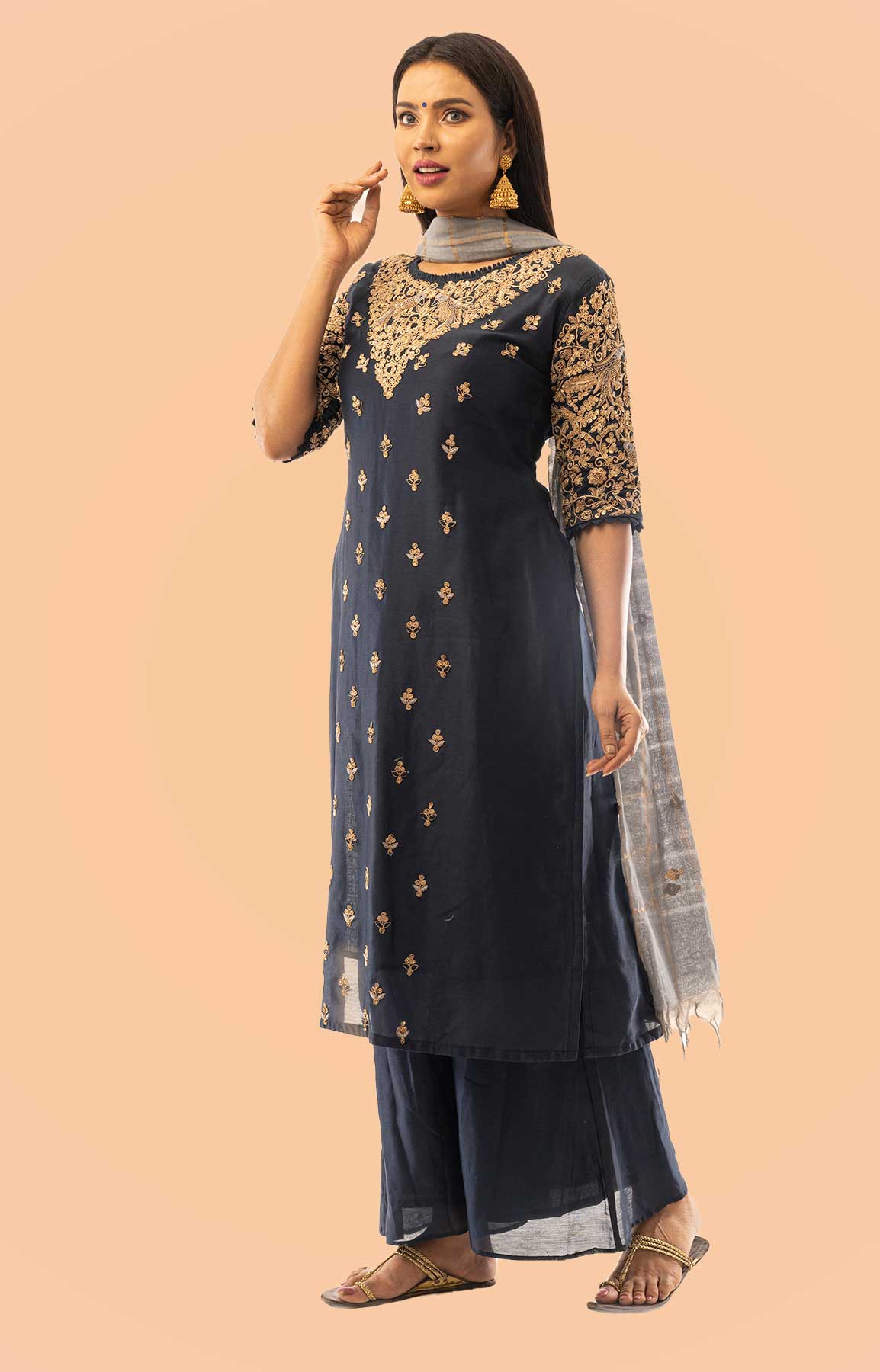 Navy Blue Pallazo Suit On Chanderi Silk With Handloom Check Duppatta – Viraaya By Ushnakmals