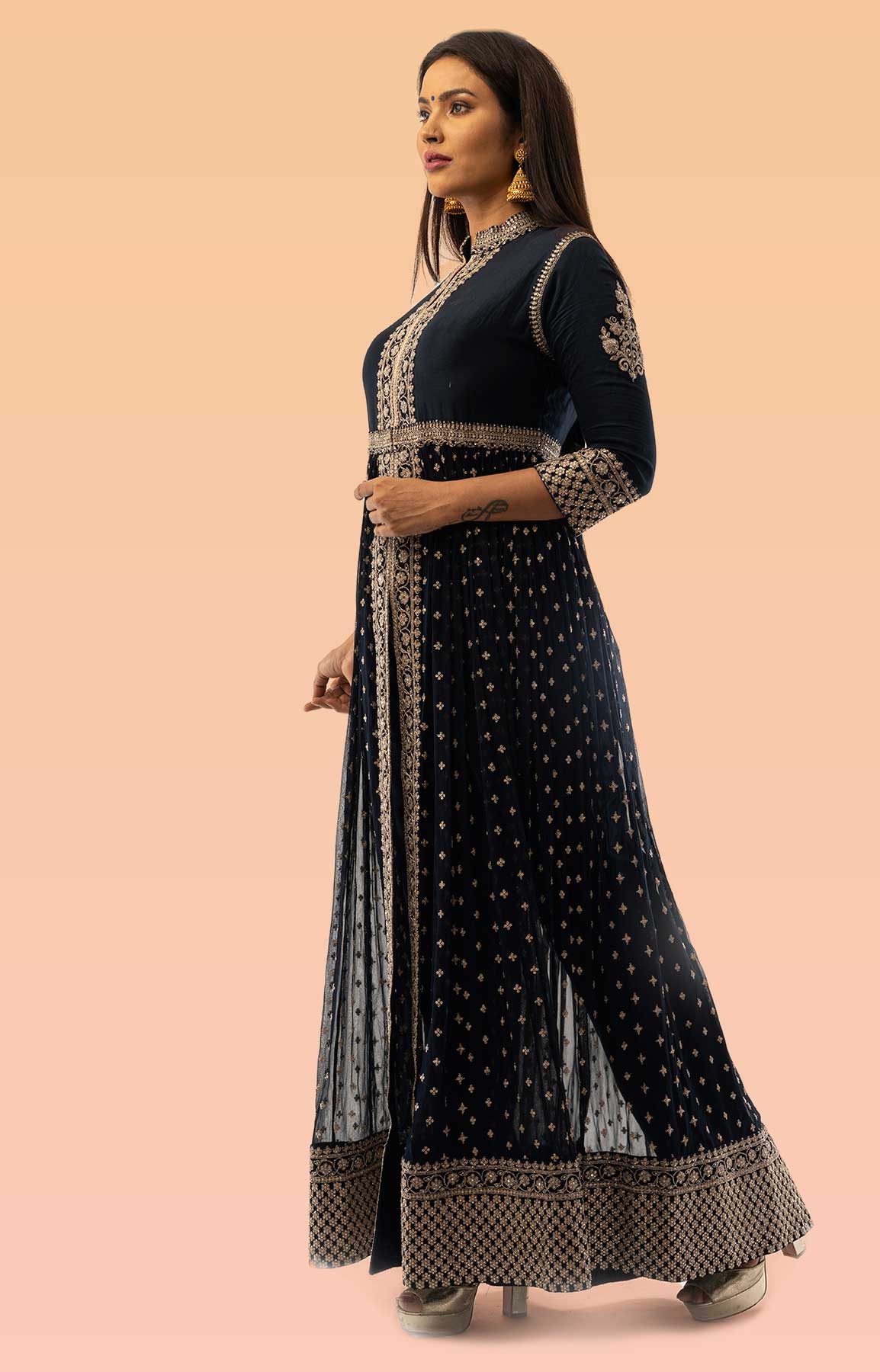 Navy Blue Anarkali Suit With Front Slit And Antique Zari Embroidered Buttis – Viraaya By Ushnakmals
