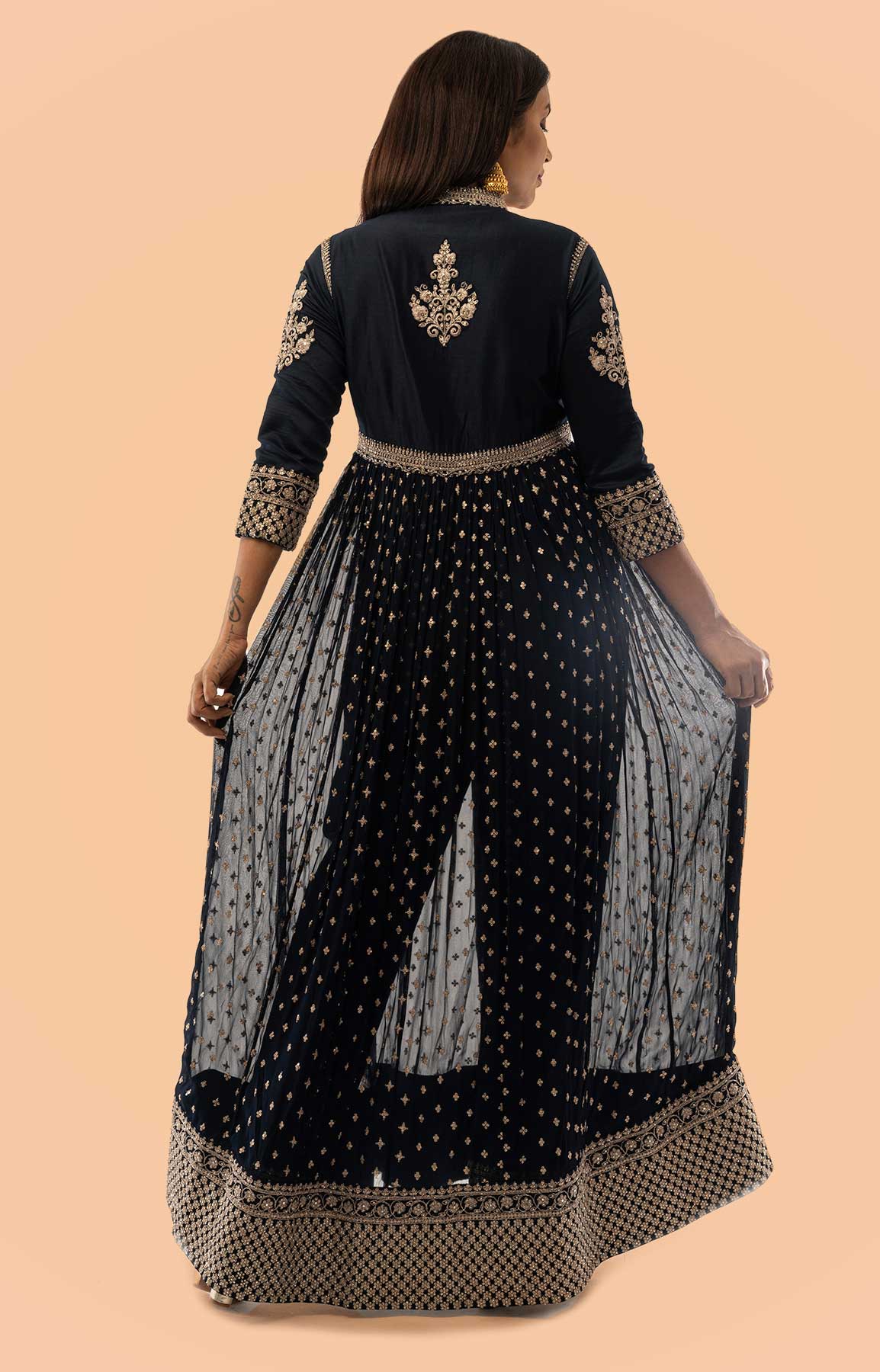 Navy Blue Anarkali Suit With Front Slit And Antique Zari Embroidered Buttis – Viraaya By Ushnakmals