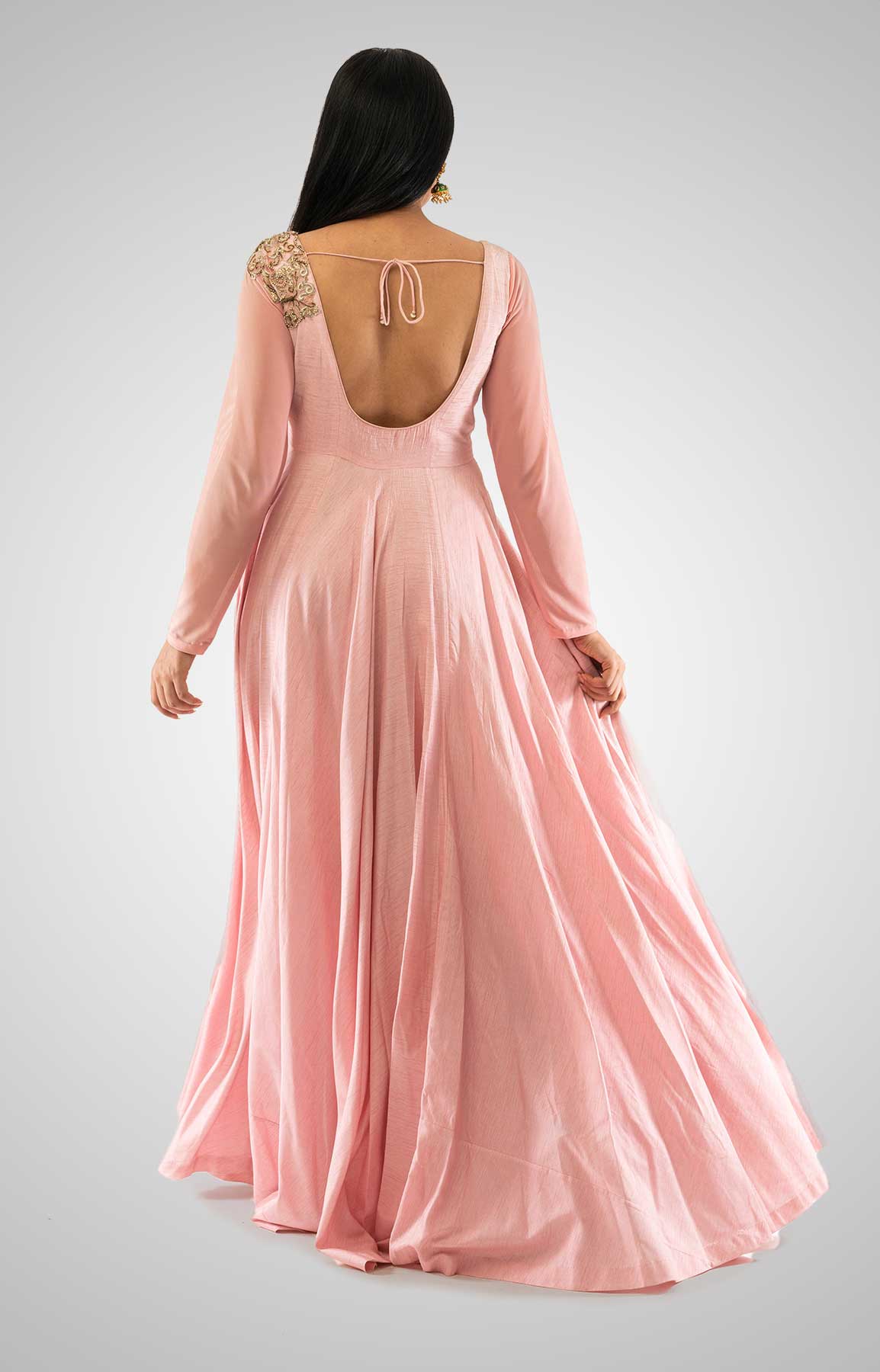 Dusty Pink Gown In Raw Silk With Georgette Drape – Viraaya By Ushnakmals