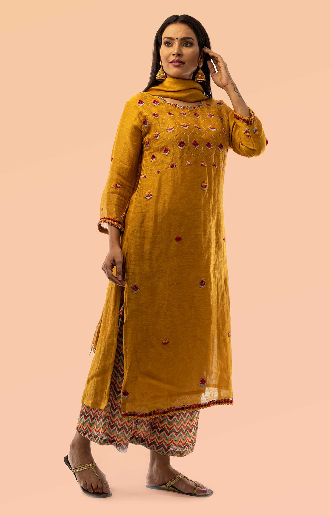 Mustard Linen Palazzo Suit Teamed With Printed Palazzo Adorned With Resham Work – Viraaya By Ushnakmals