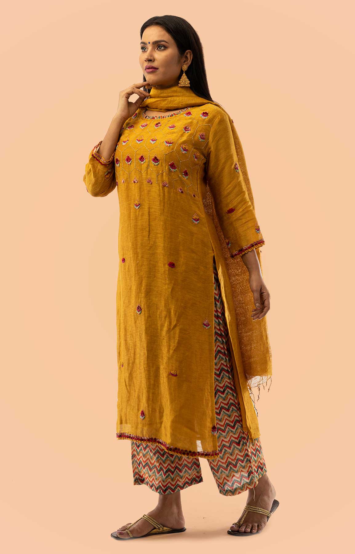Mustard Linen Palazzo Suit Teamed With Printed Palazzo Adorned With Resham Work – Viraaya By Ushnakmals
