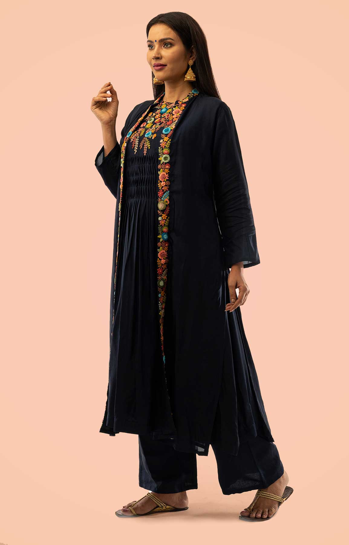 Navy Blue Chanderi Palazzo Suit With Colourful Resham Work – Viraaya By Ushnakmals
