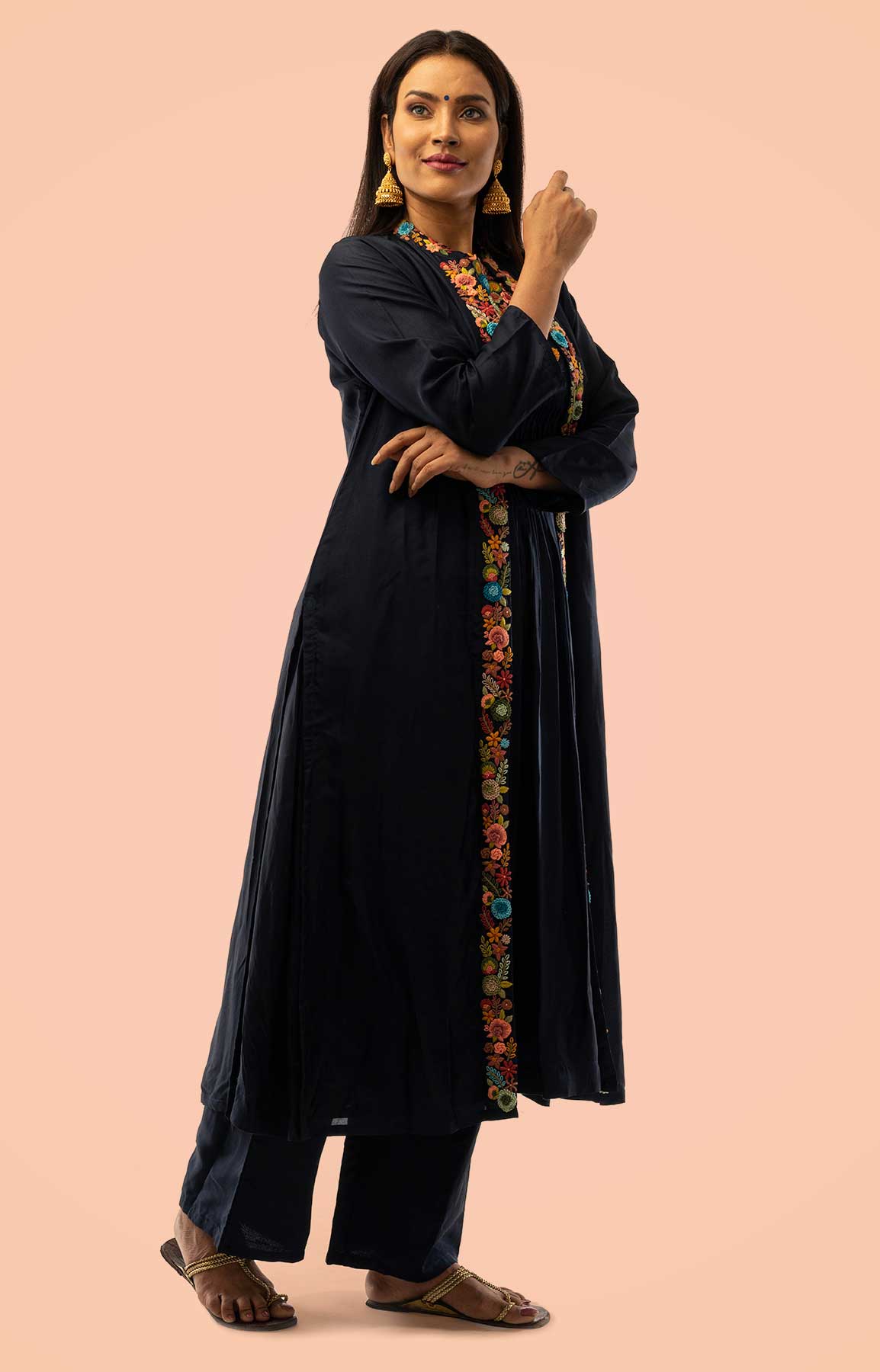 Navy Blue Chanderi Palazzo Suit With Colourful Resham Work – Viraaya By Ushnakmals