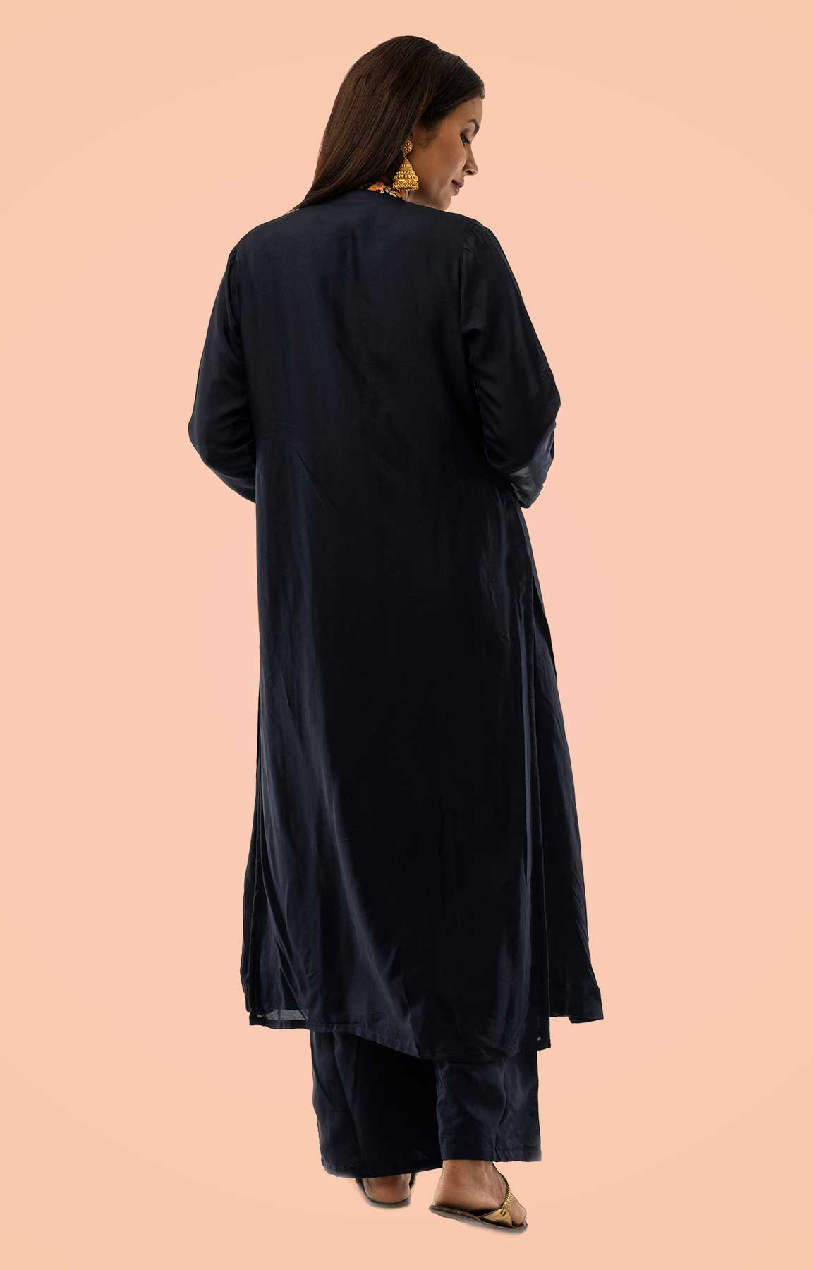 Navy Blue Chanderi Palazzo Suit With Colourful Resham Work – Viraaya By Ushnakmals