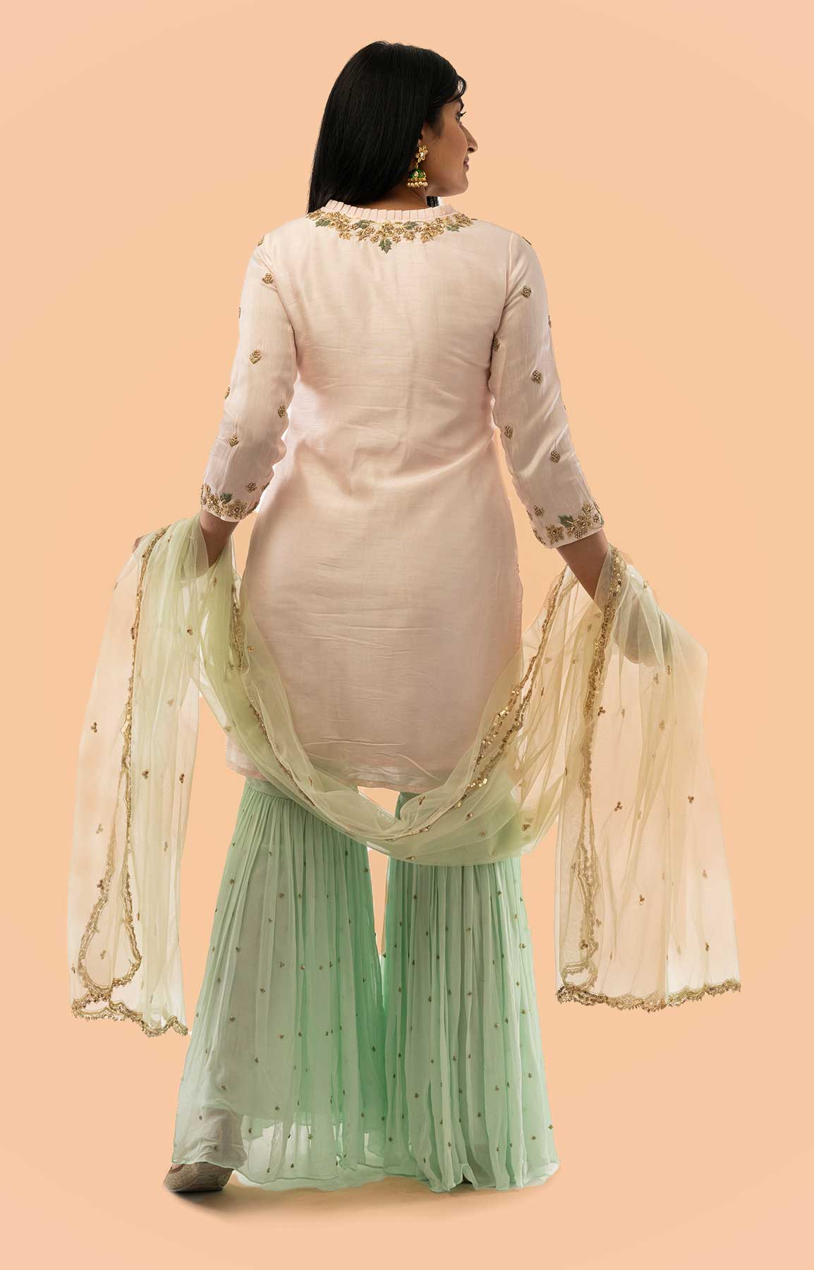 Baby Pink And Mint Green Gharara Suit In Raw Silk And Georgette Fabric – Viraaya By Ushnakmals