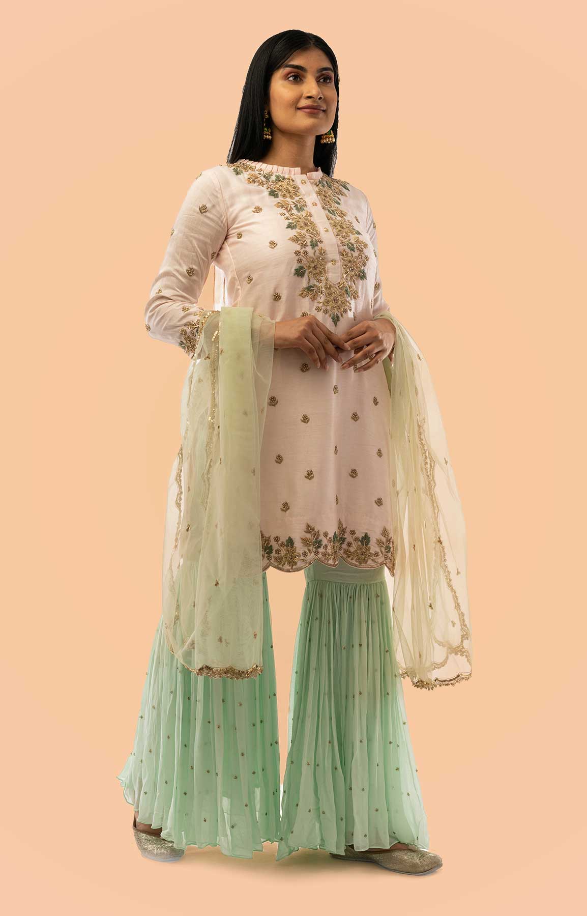 Baby Pink And Mint Green Gharara Suit In Raw Silk And Georgette Fabric – Viraaya By Ushnakmals