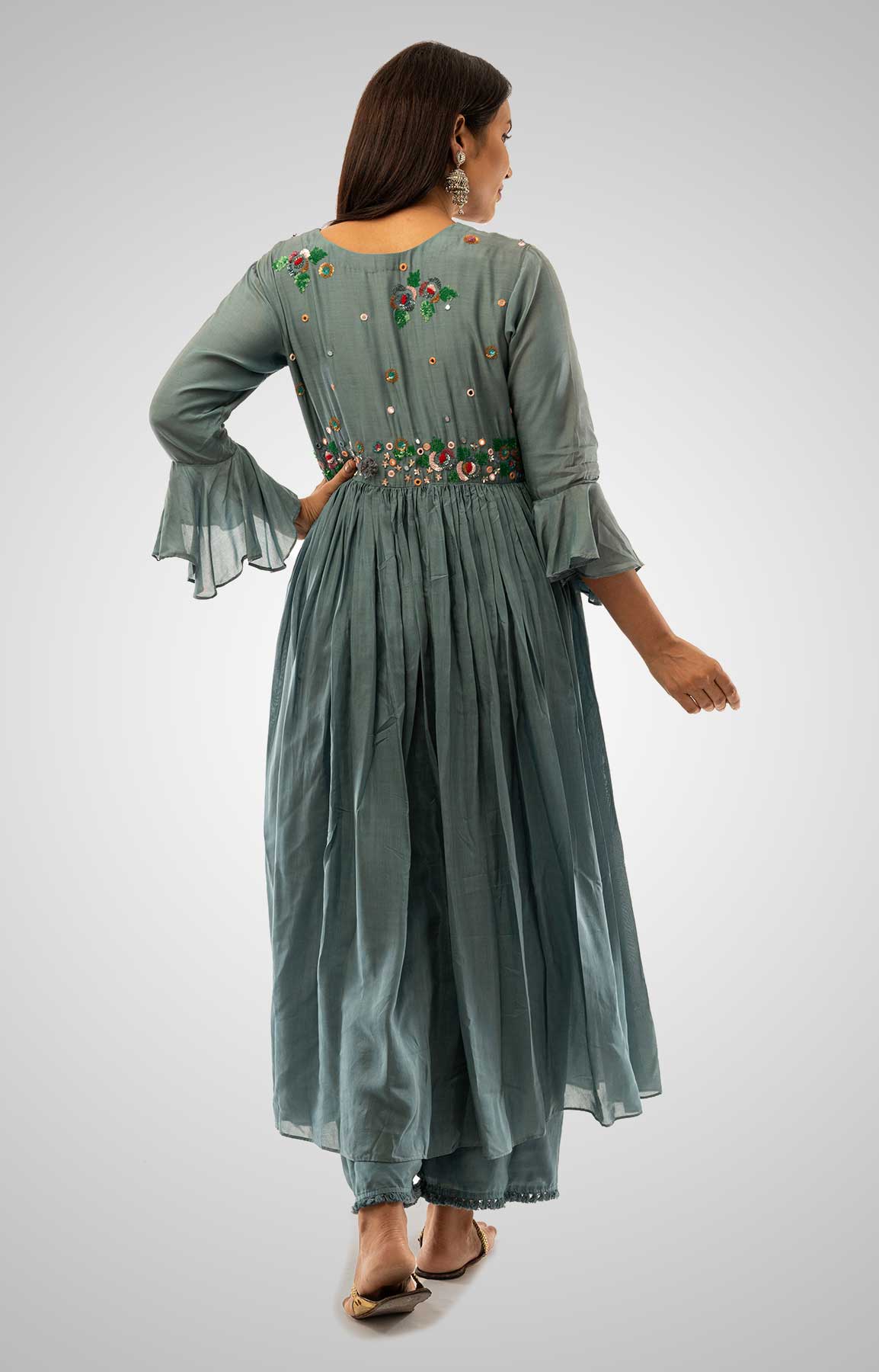 Grey Anarkali Front Slit Kurta With Palazzo Pant In Cotton Silk With Scarf – Viraaya By Ushnakmals
