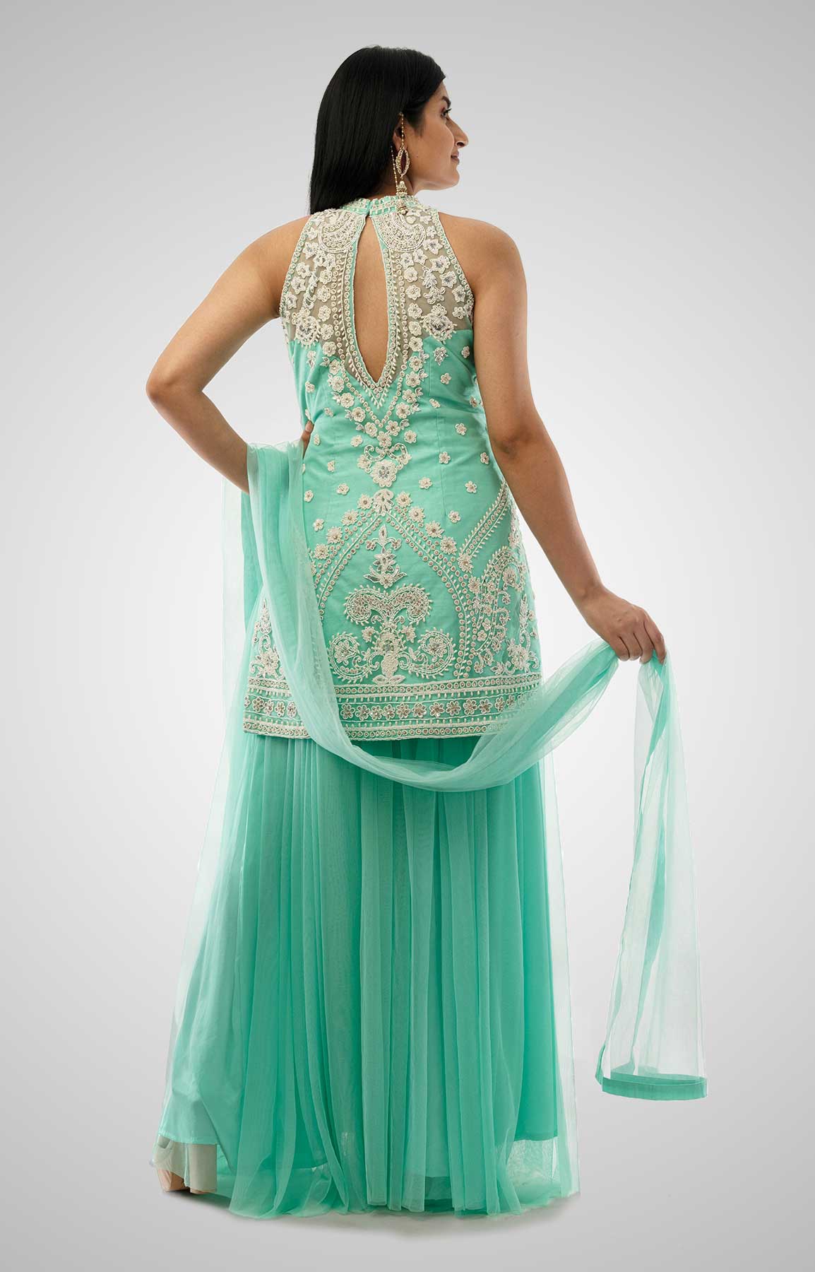 Ferozi Net Suit With Sharara Embellished With Pearls And Stone Work – Viraaya By Ushnakmals