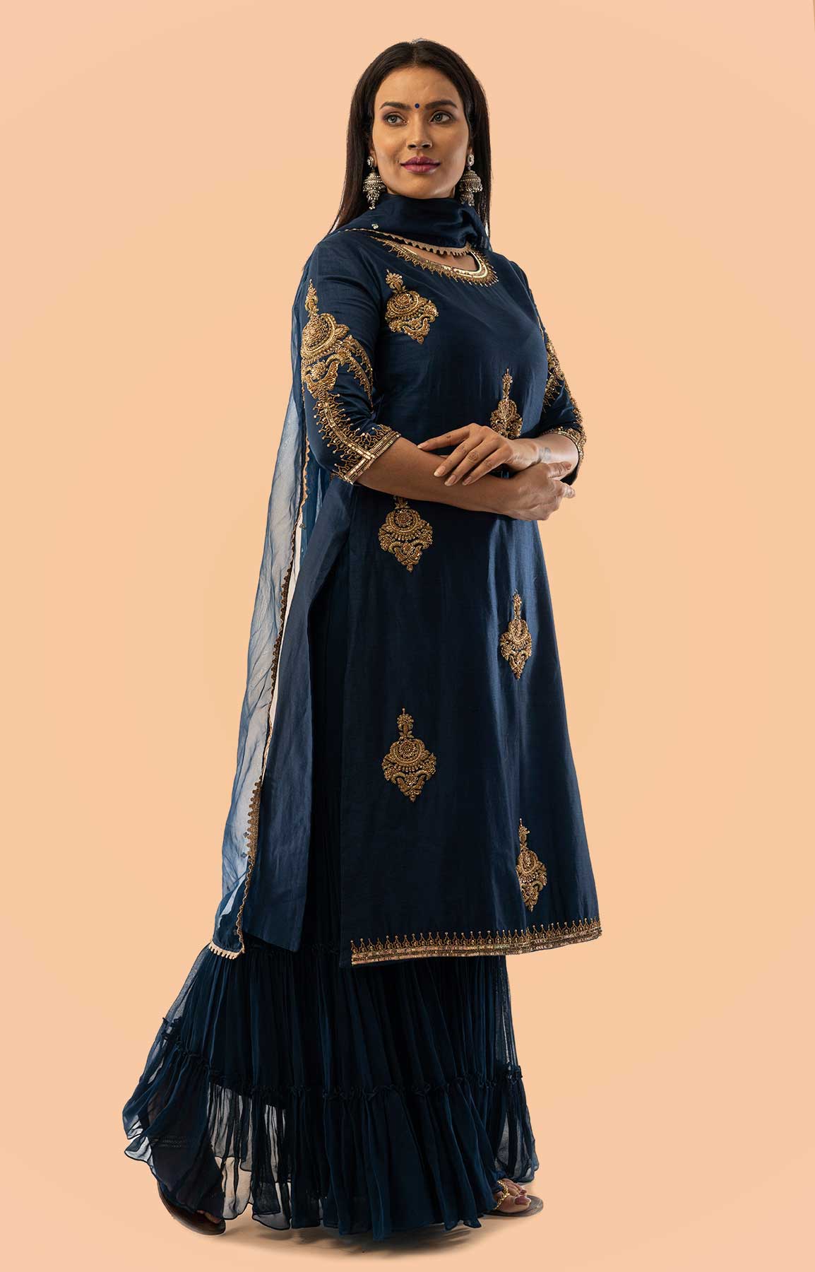 Navy Blue Chanderi Silk Suit With Georgette Gharara And Organza Duppatta – Viraaya By Ushnakmals