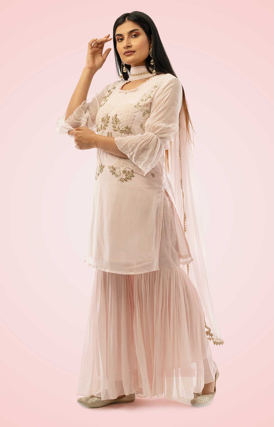 Powder Pink Gharara Georgette Suit With Pearl And Antique Sequin Work – Viraaya By Ushnakmals