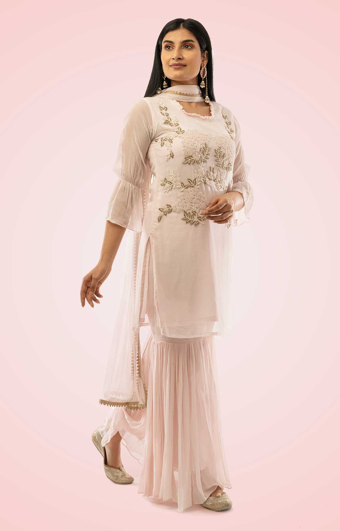 Powder Pink Gharara Georgette Suit With Pearl And Antique Sequin Work – Viraaya By Ushnakmals