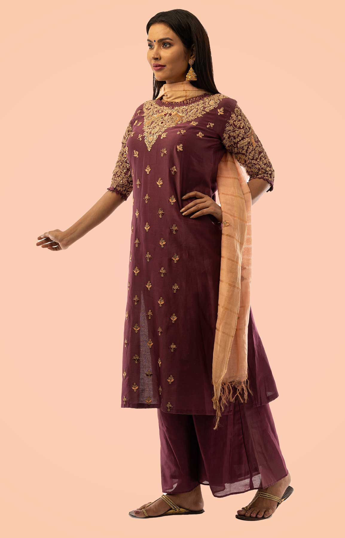 Wine Chanderi Silk Palazzo Suit With Handloom Check Duppatta – Viraaya By Ushnakmals