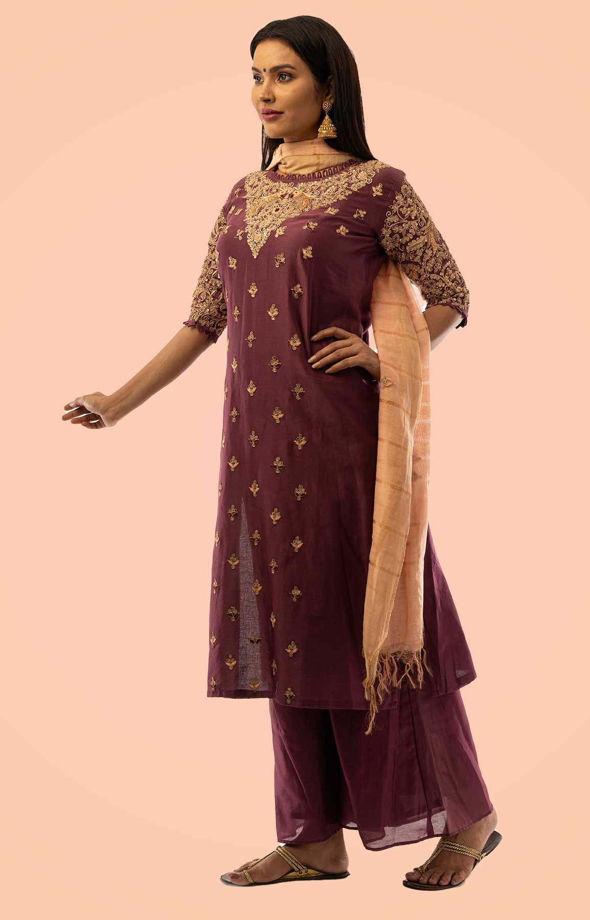 Wine Chanderi Silk Palazzo Suit With Handloom Check Duppatta – Viraaya By Ushnakmals