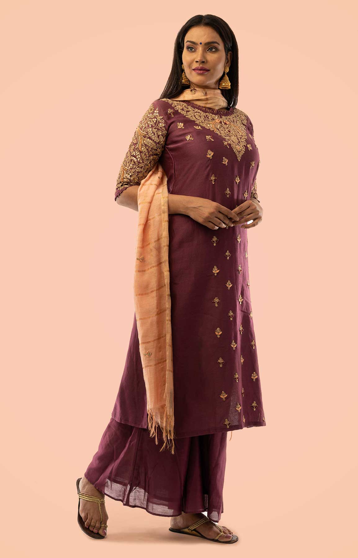 Wine Chanderi Silk Palazzo Suit With Handloom Check Duppatta – Viraaya By Ushnakmals