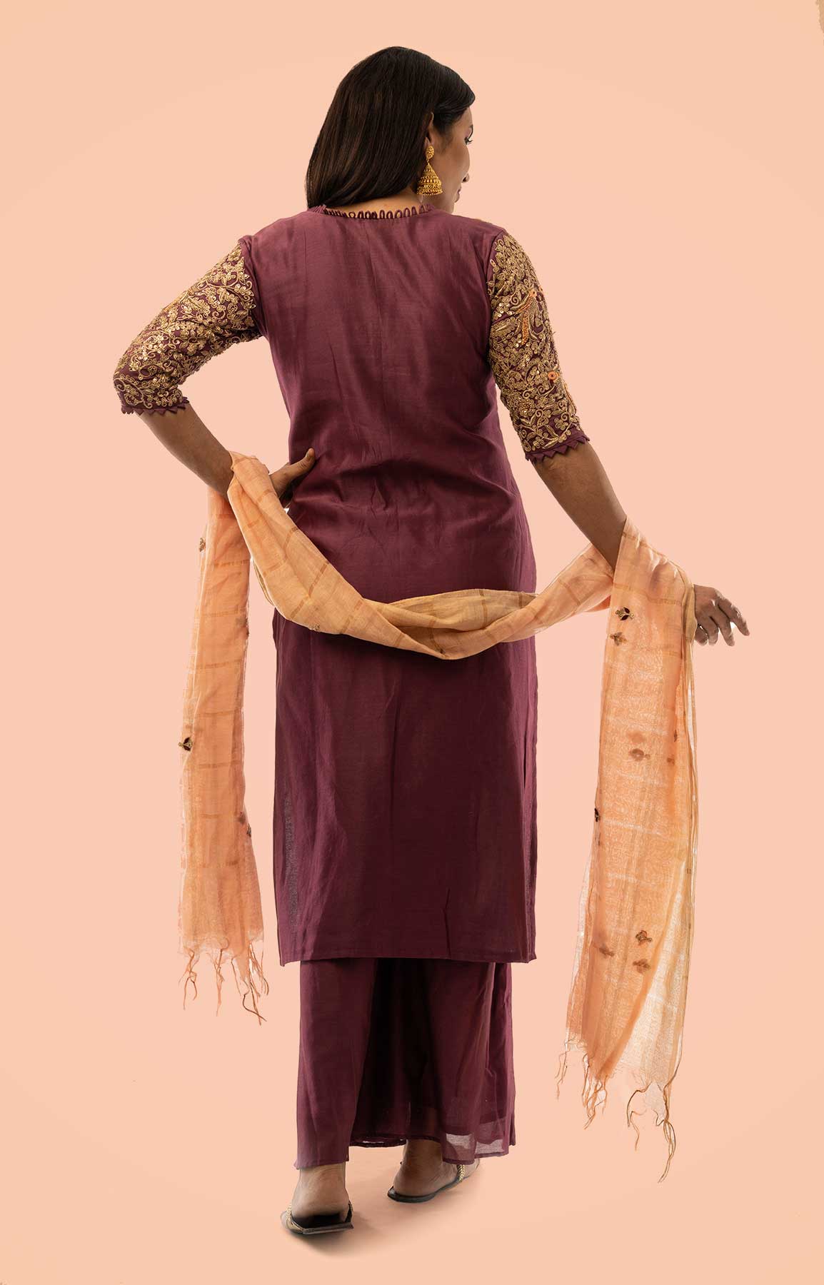 Wine Chanderi Silk Palazzo Suit With Handloom Check Duppatta – Viraaya By Ushnakmals