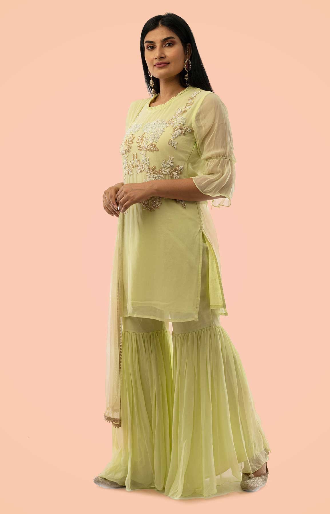 Apple Green Gharara Georgette Suit With Pearl And Antique Sequin Work – Viraaya By Ushnakmals