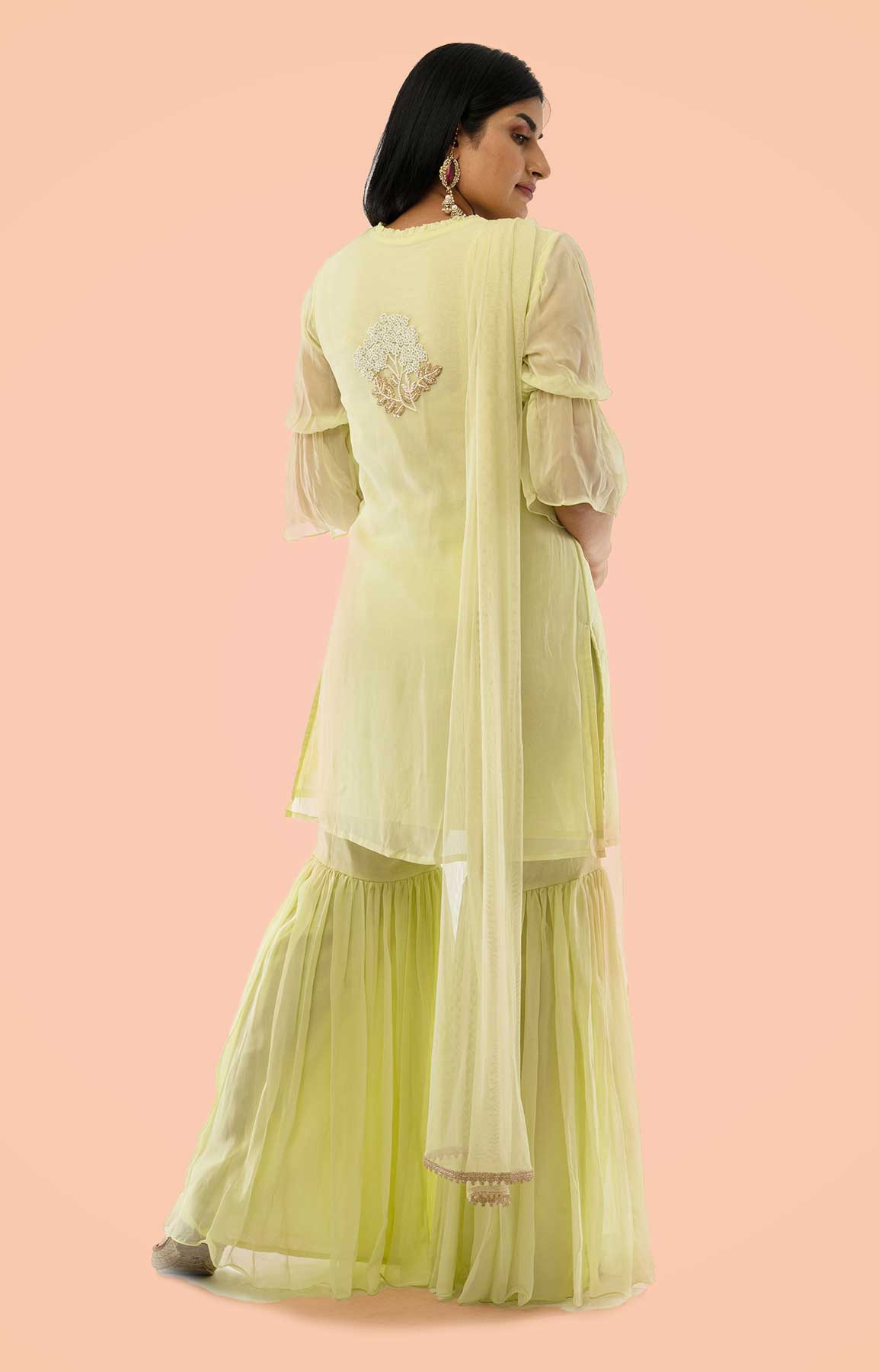 Apple Green Gharara Georgette Suit With Pearl And Antique Sequin Work – Viraaya By Ushnakmals