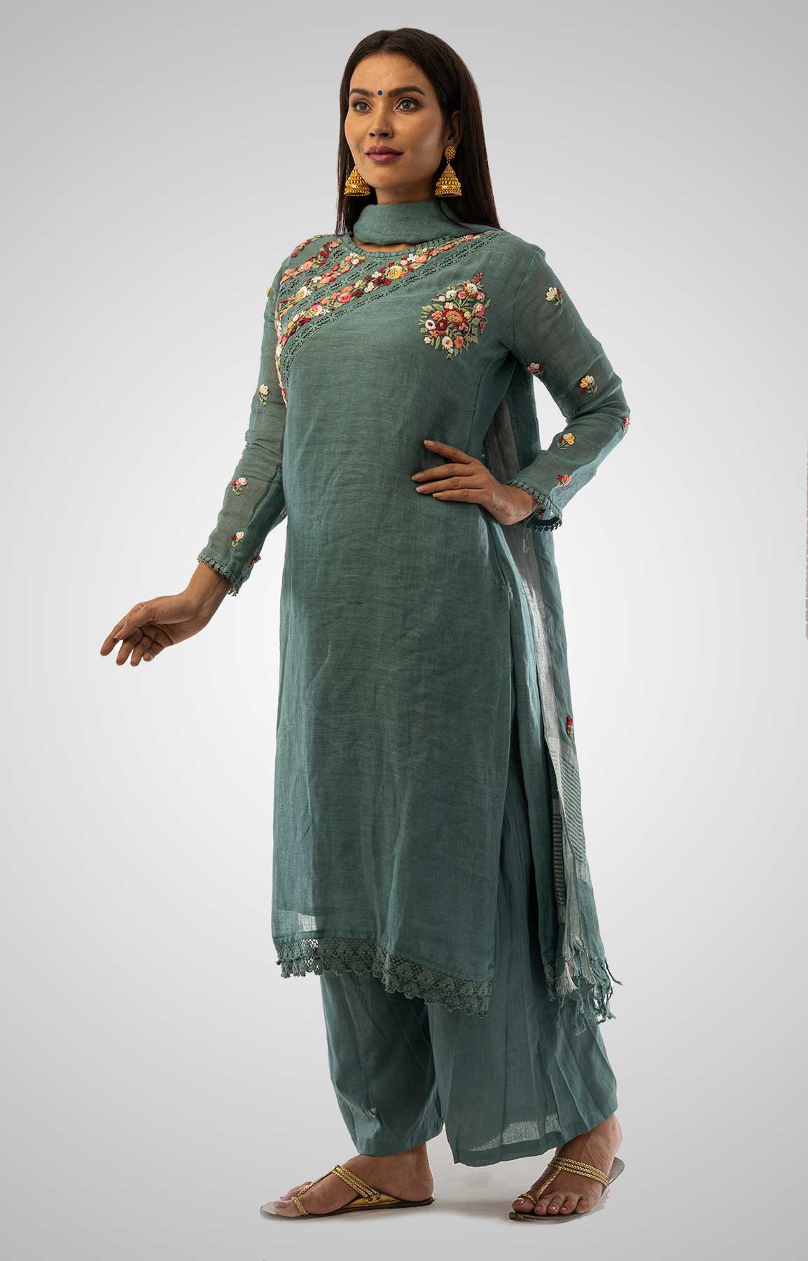 Greyish Blue Linen Suit With Handloom Linen Duppatta Adorned With Resham Work – Viraaya By Ushnakmals