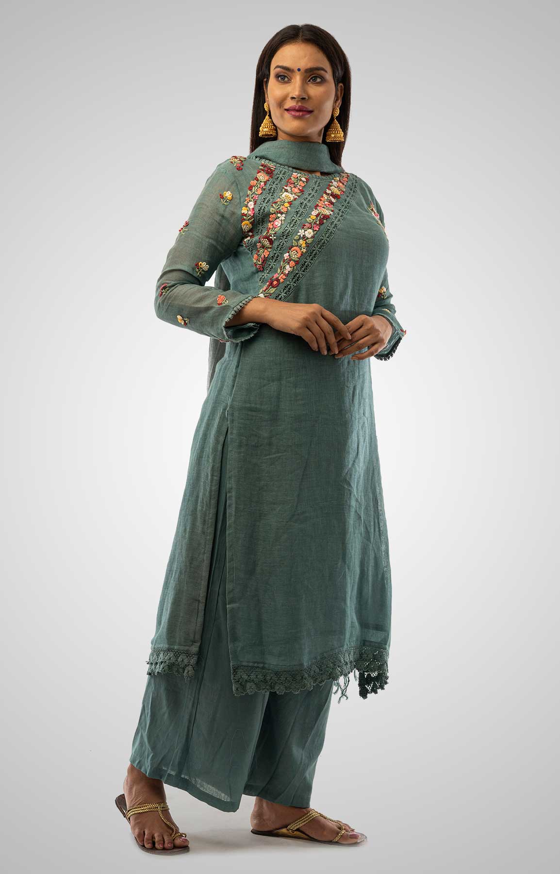 Greyish Blue Linen Suit With Handloom Linen Duppatta Adorned With Resham Work – Viraaya By Ushnakmals