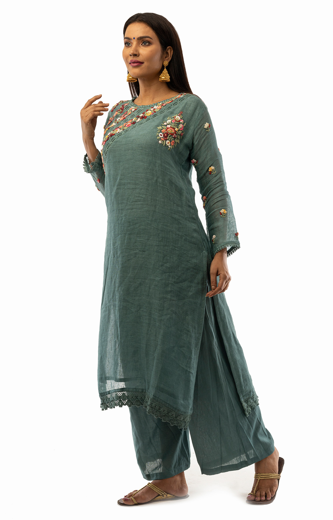 Greyish Blue Linen Suit With Handloom Linen Duppatta Adorned With Resham Work – Viraaya By Ushnakmals