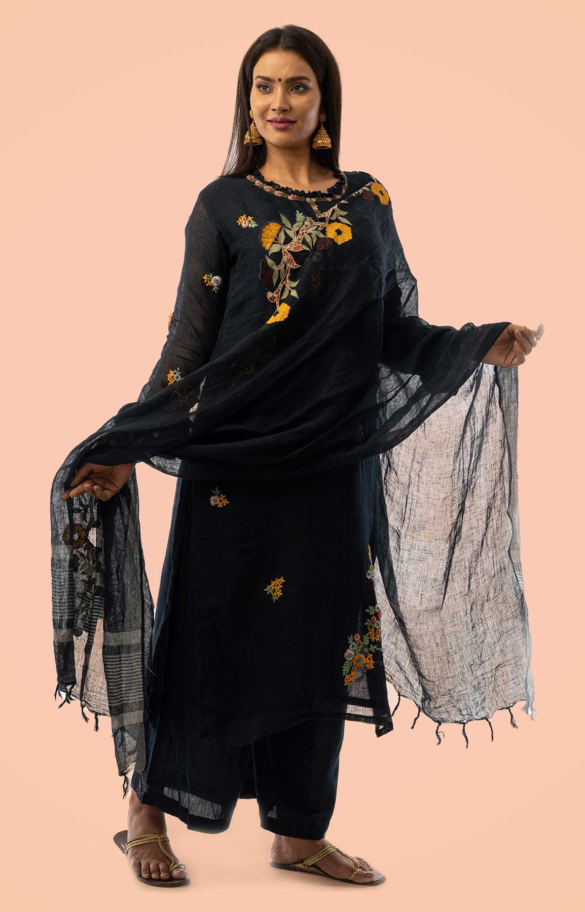 Navy Blue Linen Suit With Applique Cutwork Linen Duppatta – Viraaya By Ushnakmals