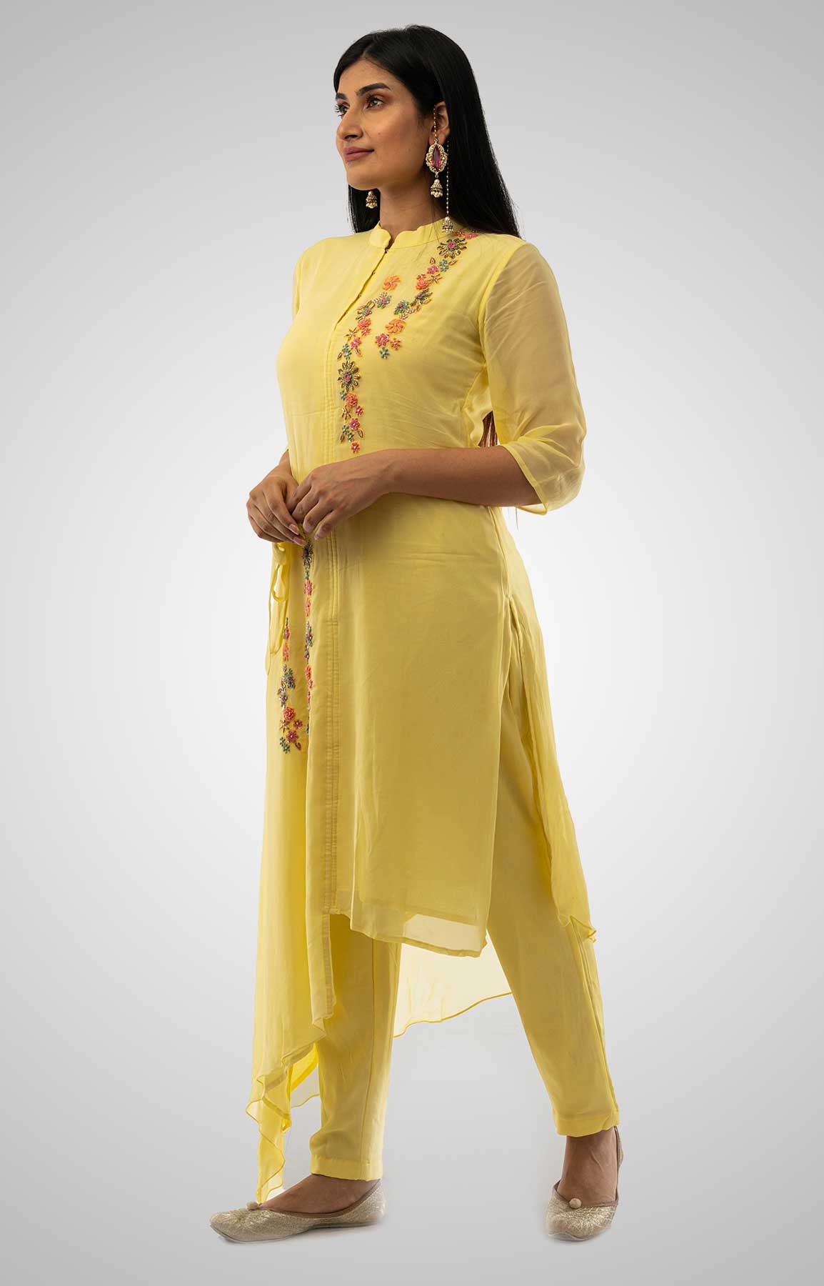 Pastel Yellow Georgette Asymmetrical Kurta With Resham And Cut Dana Work – Viraaya By Ushnakmals