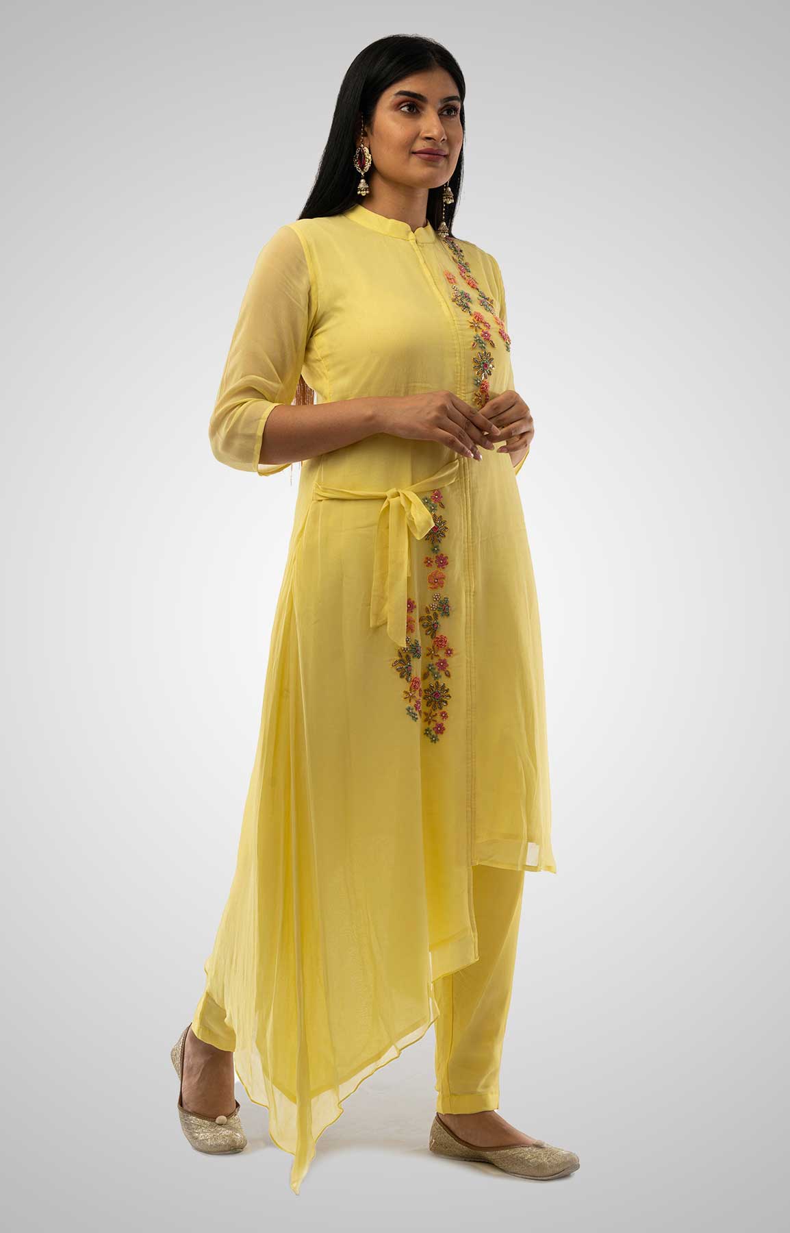Pastel Yellow Georgette Asymmetrical Kurta With Resham And Cut Dana Work – Viraaya By Ushnakmals