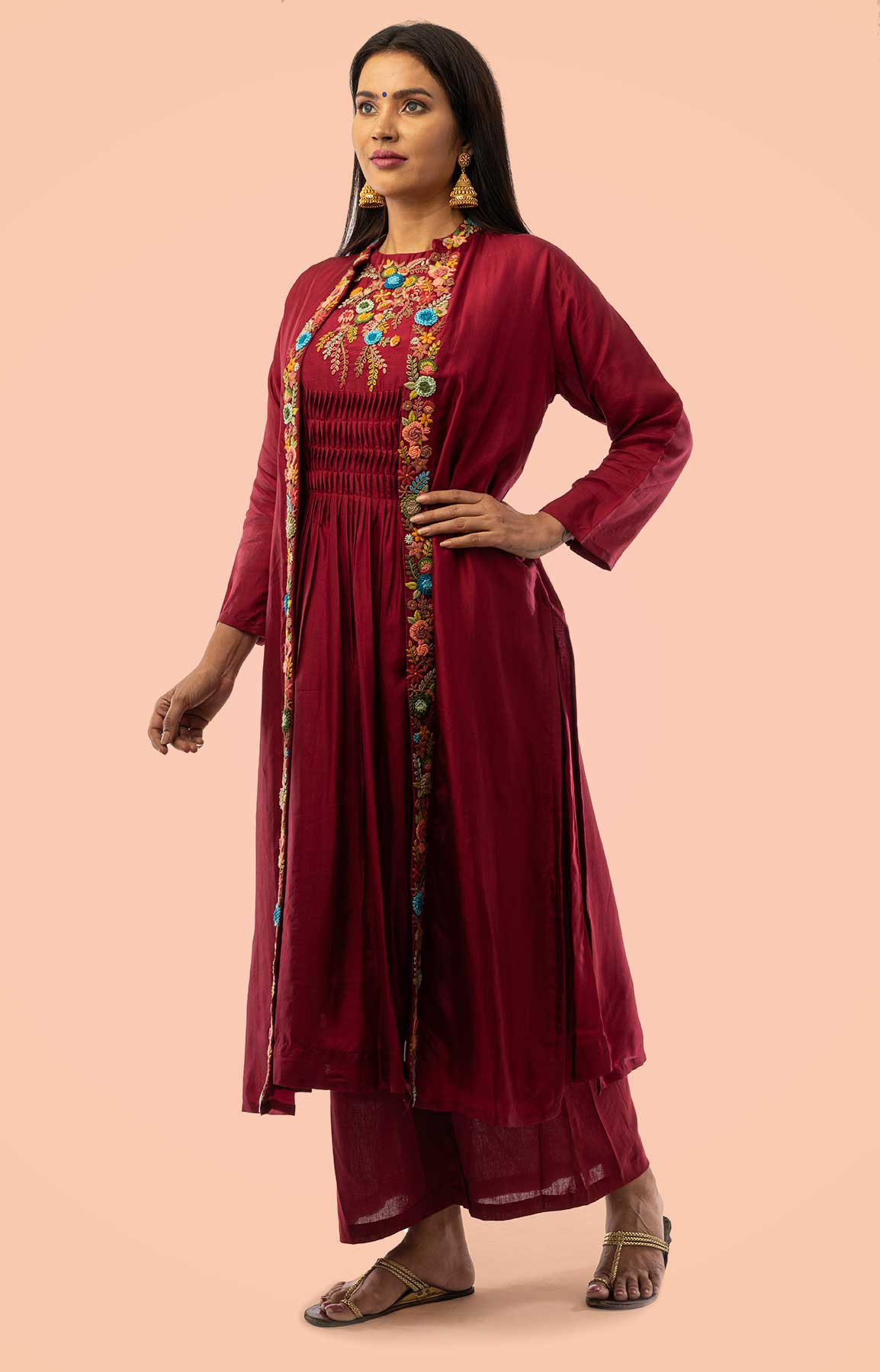 Maroon Chanderi Palazzo Suit With Colourful Resham Work – Viraaya By Ushnakmals