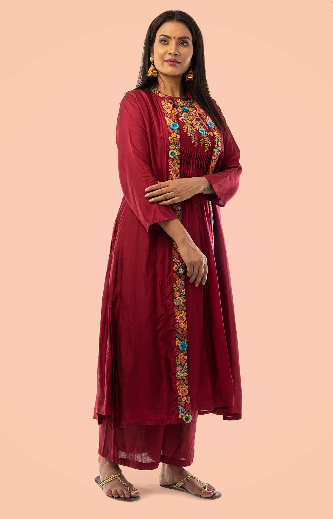 Maroon Chanderi Palazzo Suit With Colourful Resham Work – Viraaya By Ushnakmals