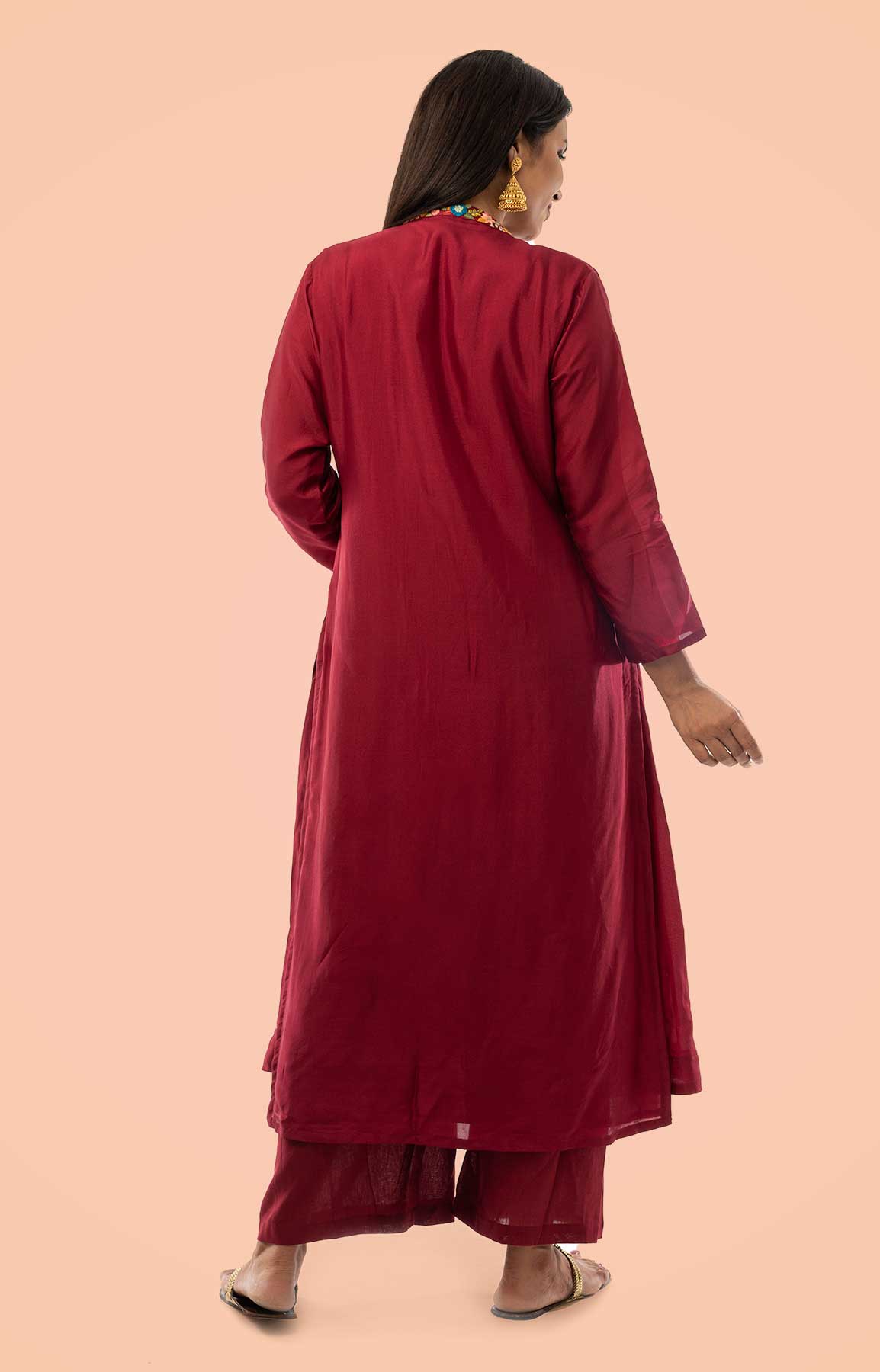 Maroon Chanderi Palazzo Suit With Colourful Resham Work – Viraaya By Ushnakmals