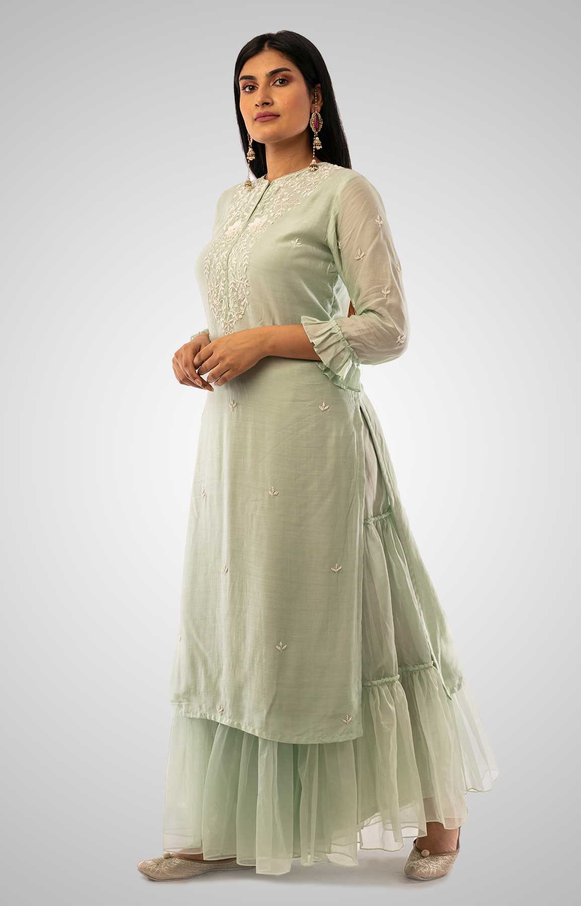 Seige Green Cotton Silk Suit With Organza Check Dupatta And Gharara – Viraaya By Ushnakmals