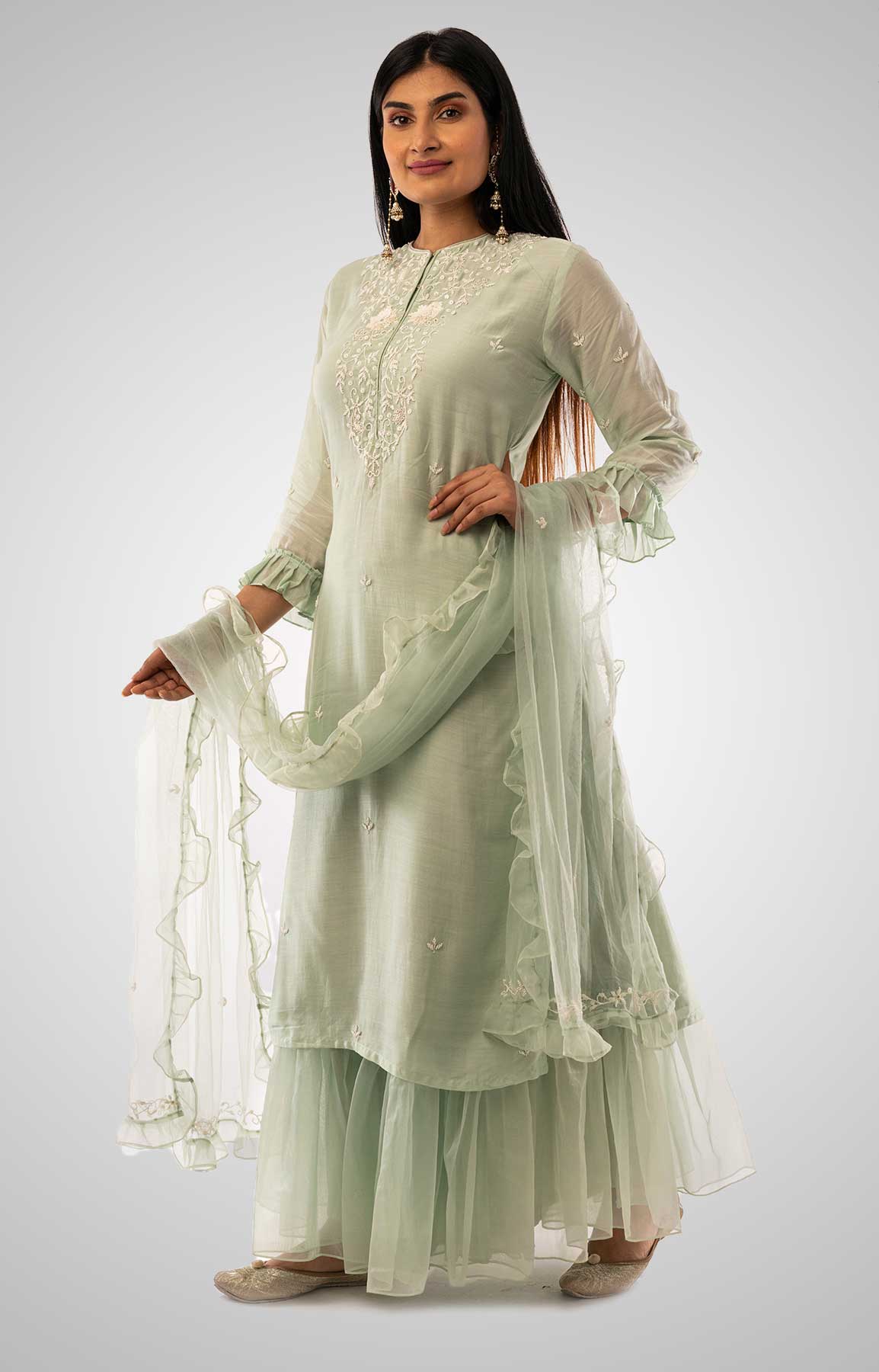 Seige Green Cotton Silk Suit With Organza Check Dupatta And Gharara – Viraaya By Ushnakmals