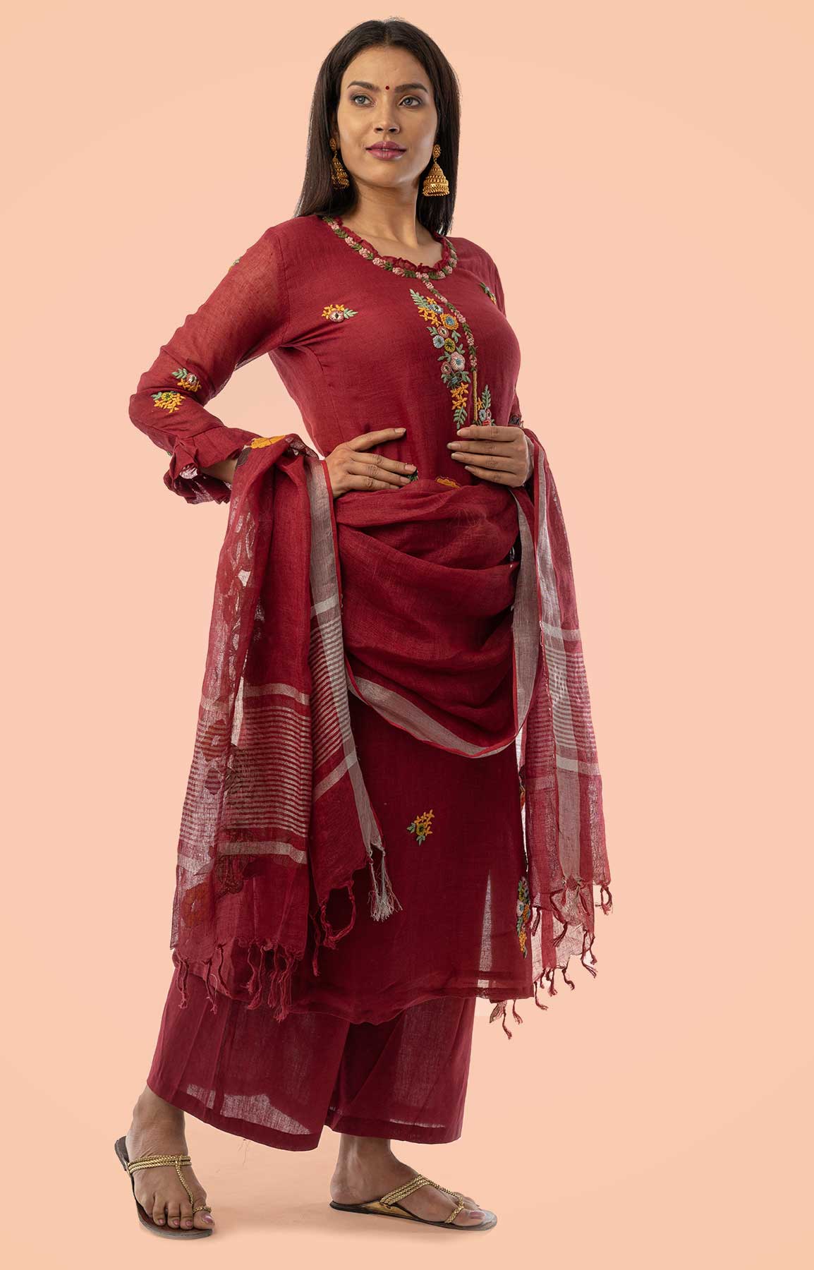 Maroon Linen Suit With Applique Cutwork Linen Duppatta – Viraaya By Ushnakmals