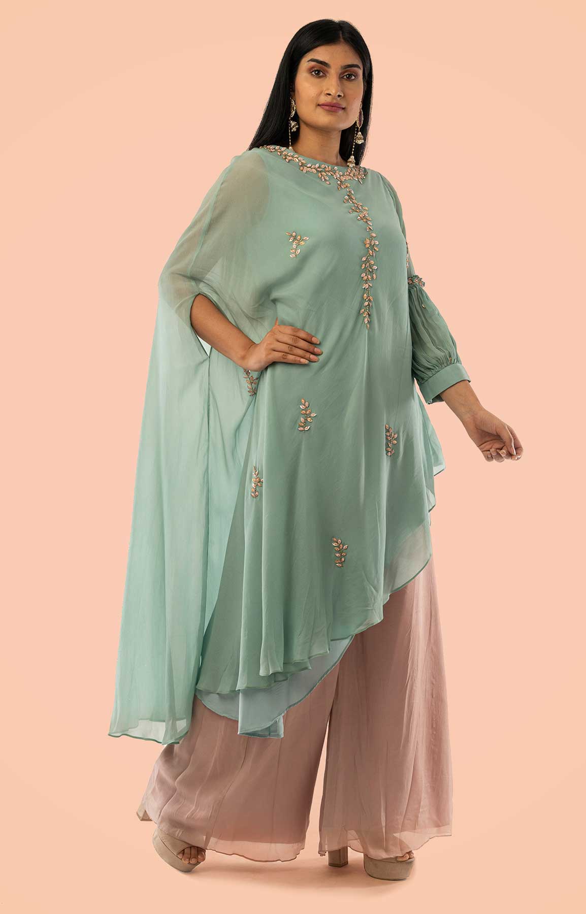 Seige Green Asymmetrical Crepe Sut With Dusty Pink Palazzo – Viraaya By Ushnakmals