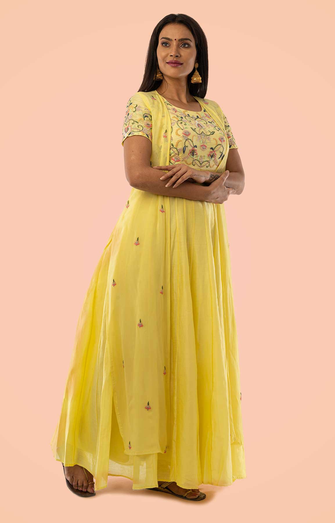 Lemon Yellow Chanderi Anarkali Suit With Georgette Jacket With Cut Dana And Resham Work – Viraaya By Ushnakmals