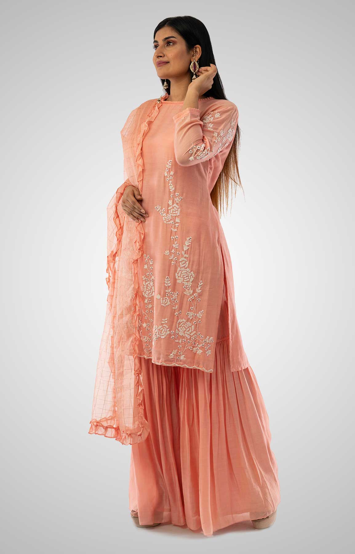 Peach Cotton Silk Suit With Organza Check Dupatta And Gharara – Viraaya By Ushnakmals