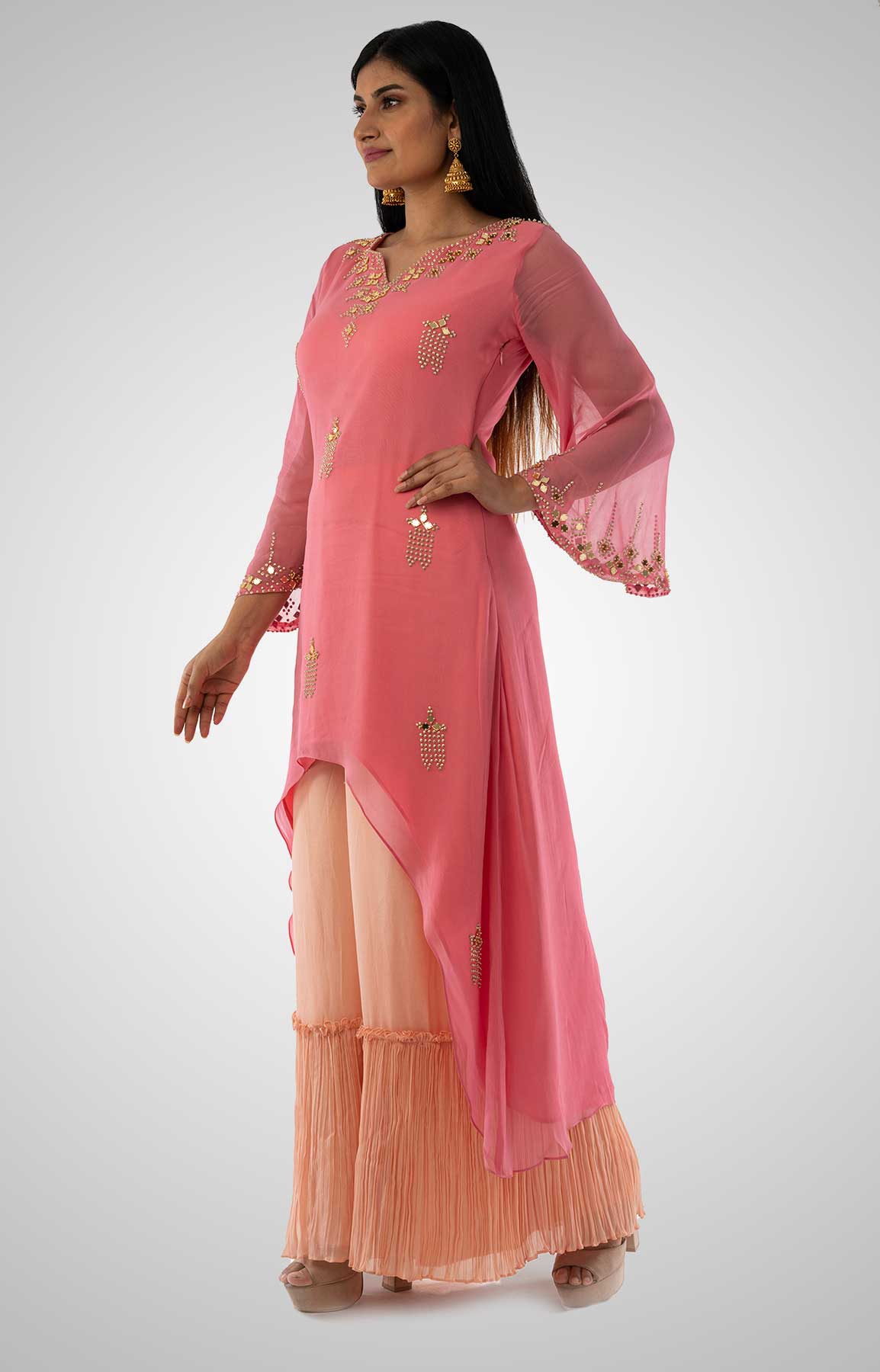 Bubble Gum Pink With Peach Sharara Suit In Georgette – Viraaya By Ushnakmals