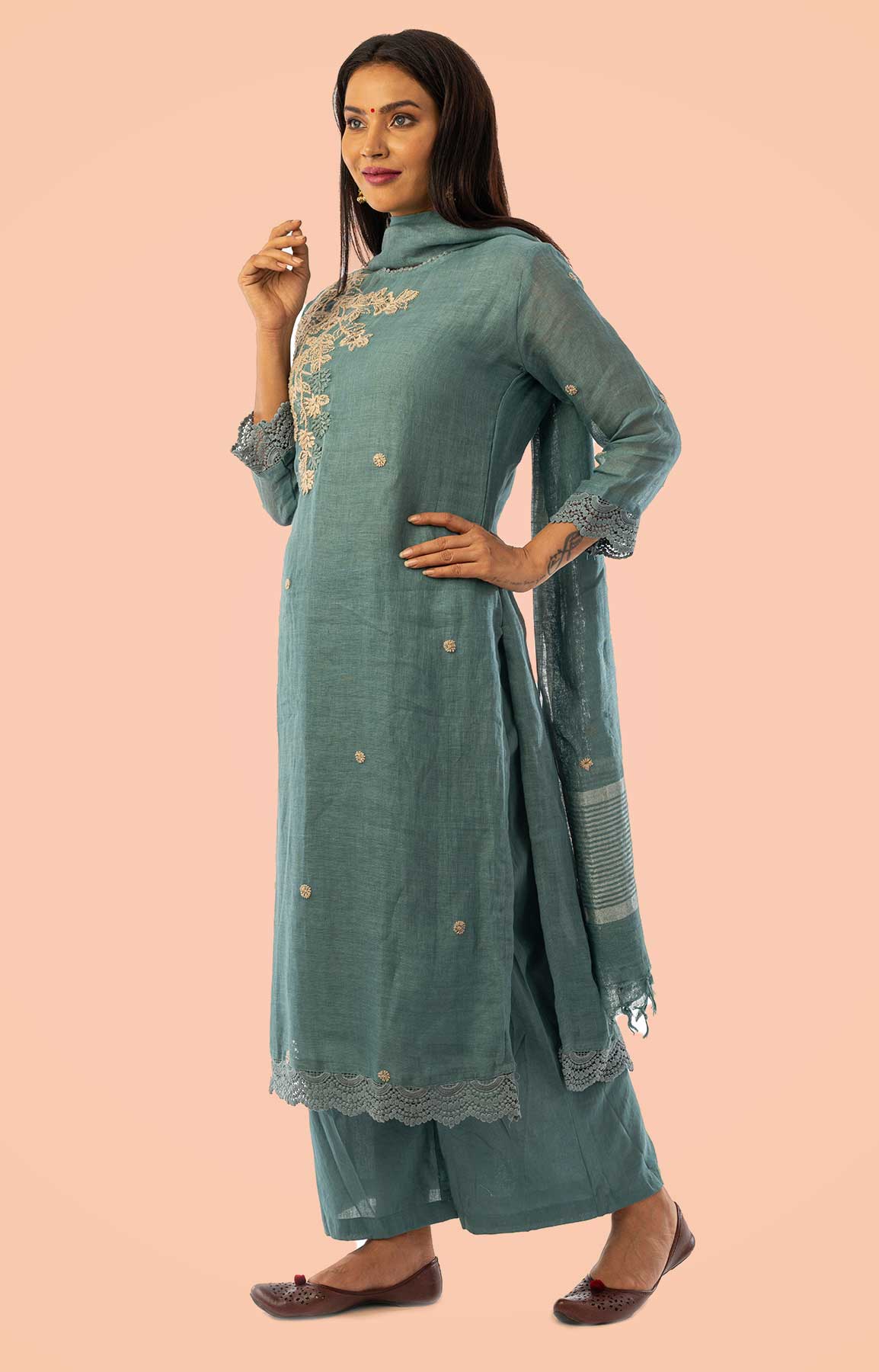 Blueish Grey Linen Suit With Handloom Linen Dupatta – Viraaya By Ushnakmals