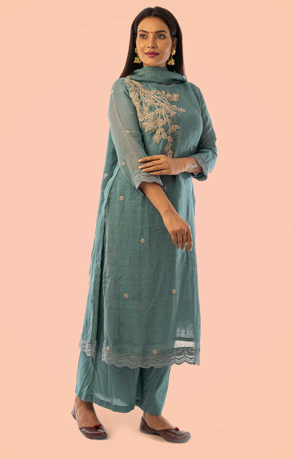 Blueish Grey Linen Suit With Handloom Linen Dupatta – Viraaya By Ushnakmals