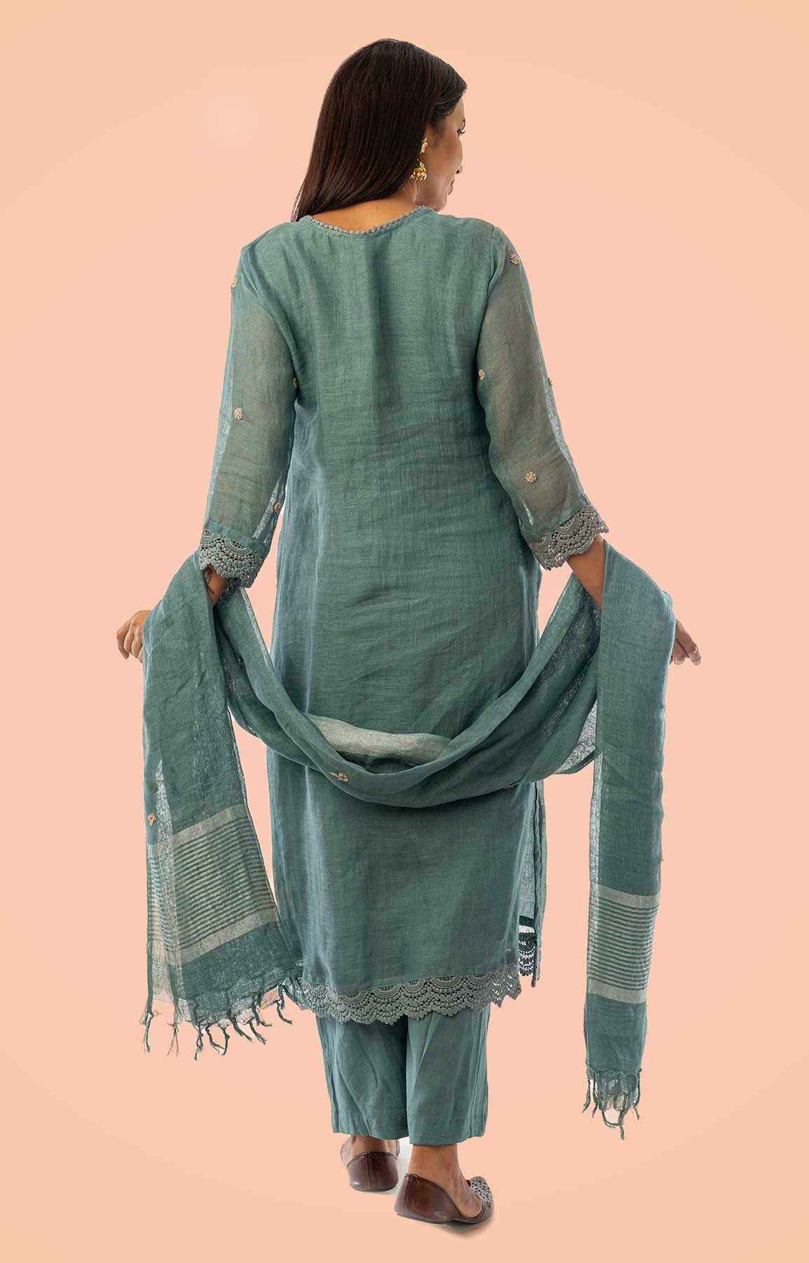 Blueish Grey Linen Suit With Handloom Linen Dupatta – Viraaya By Ushnakmals