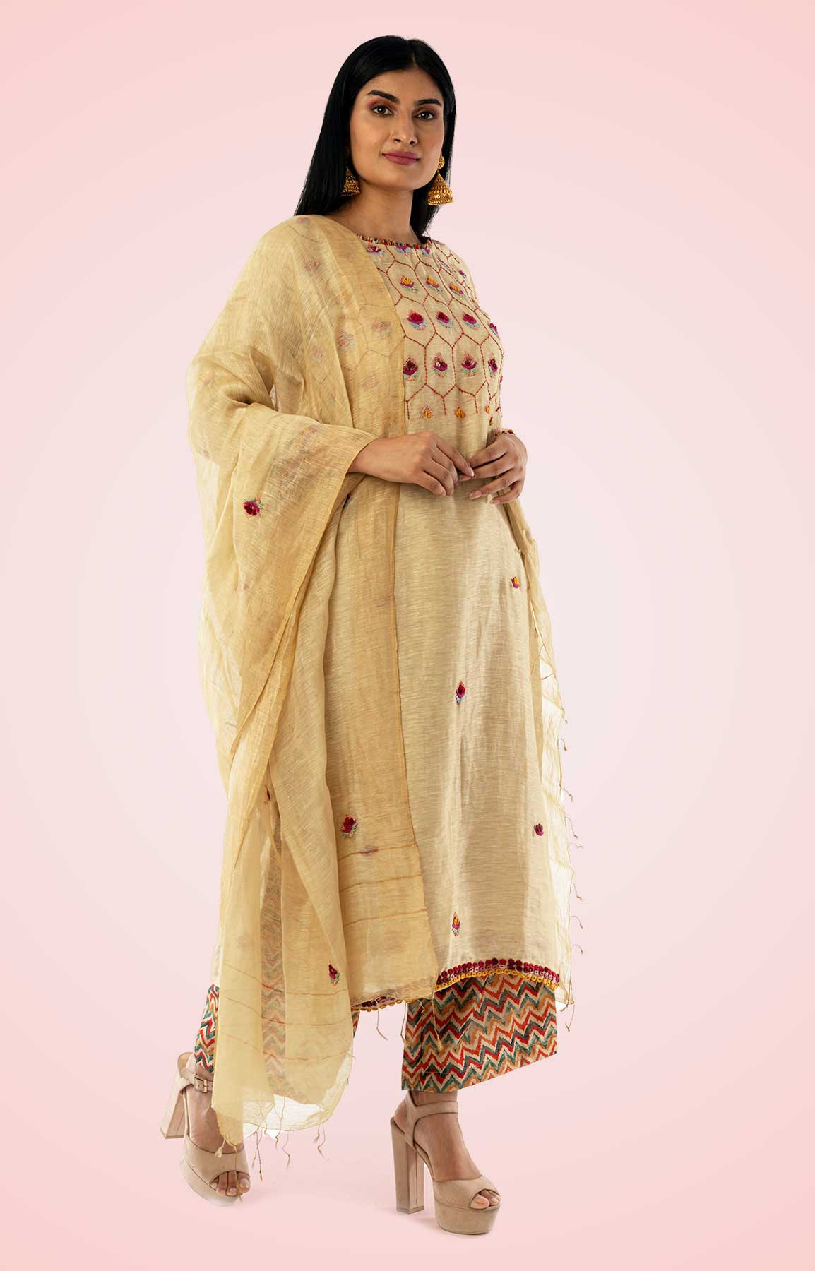 Beige Linen Palazzo Suit Teamed With Printed Palazzo Adorned With Resham Work – Viraaya By Ushnakmals