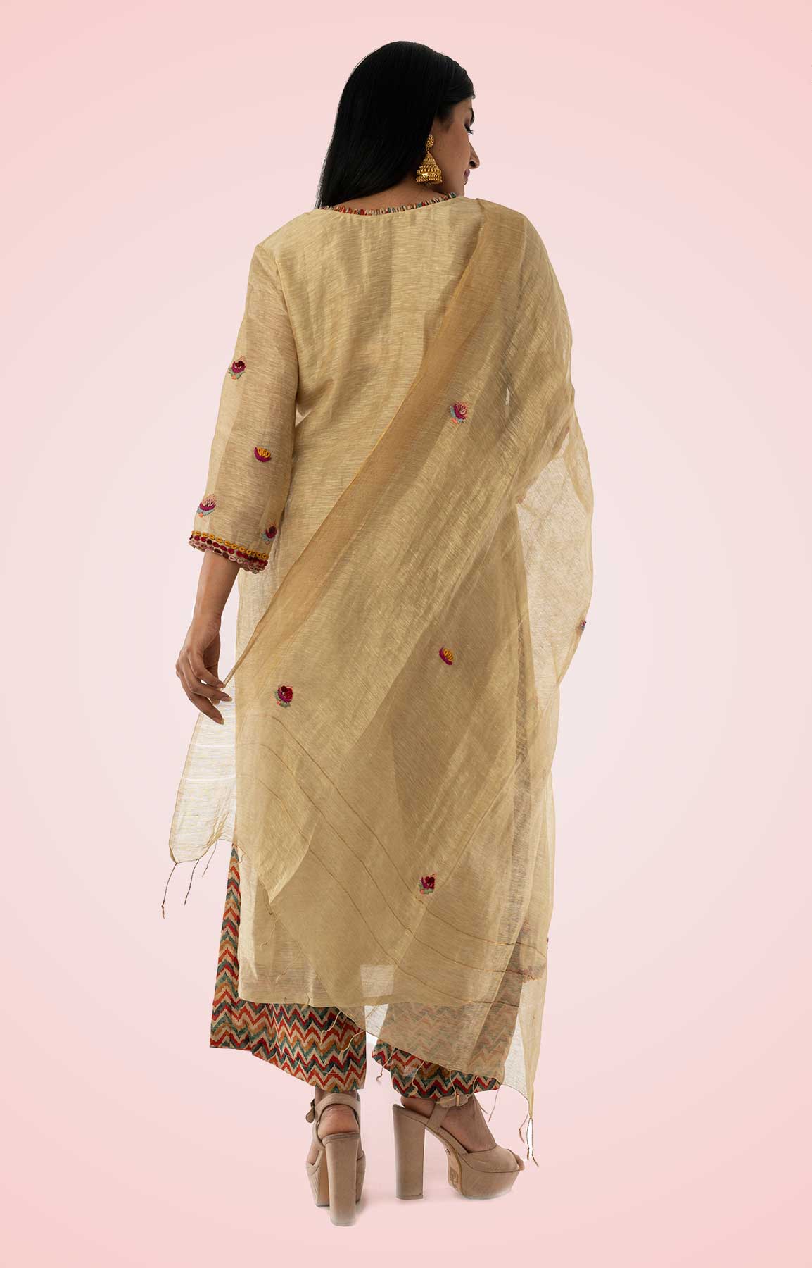 Beige Linen Palazzo Suit Teamed With Printed Palazzo Adorned With Resham Work – Viraaya By Ushnakmals