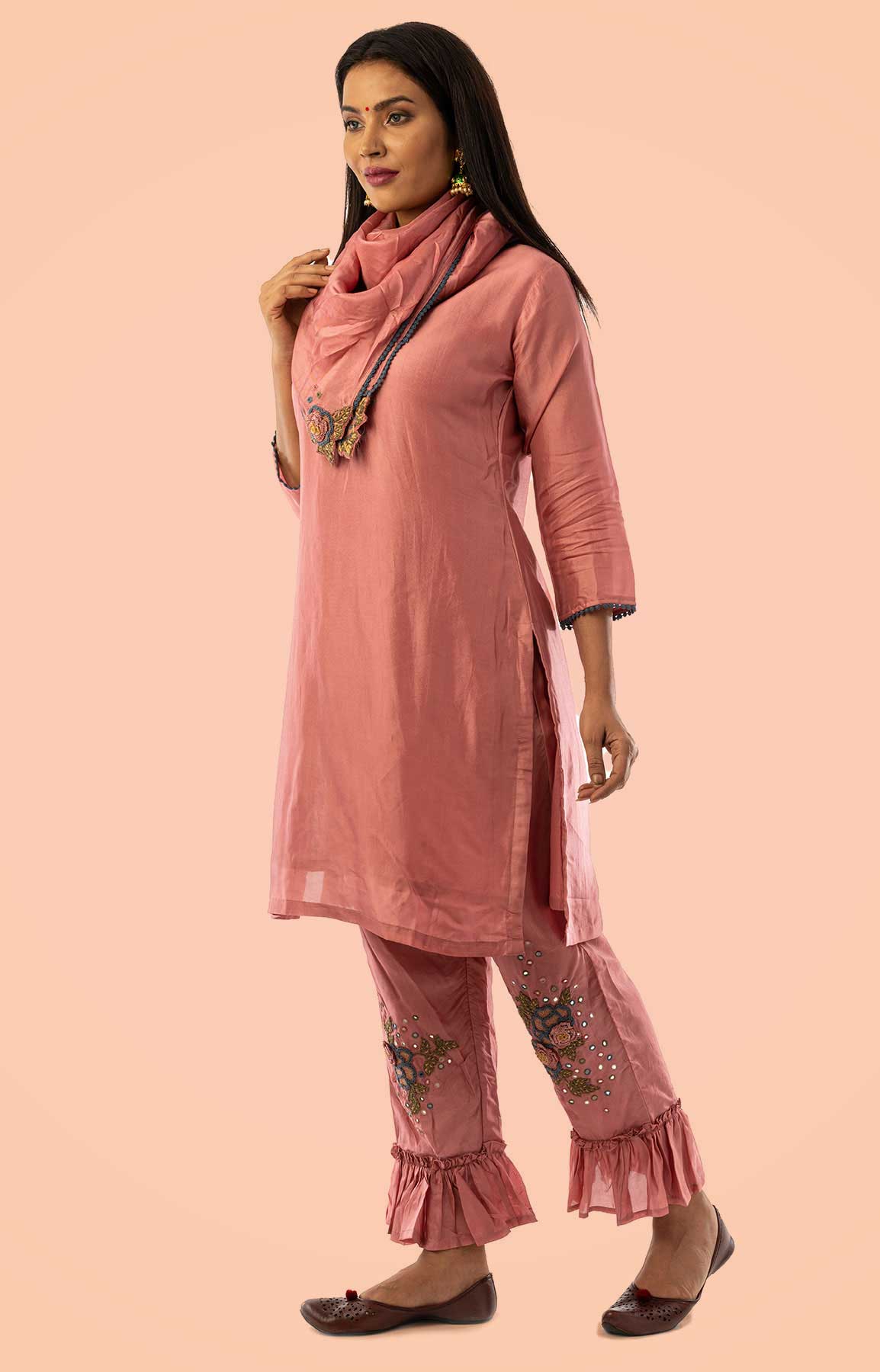 Coral Pink Uppada Silk Suit With Resham Work Paired With Scarf – Viraaya By Ushnakmals