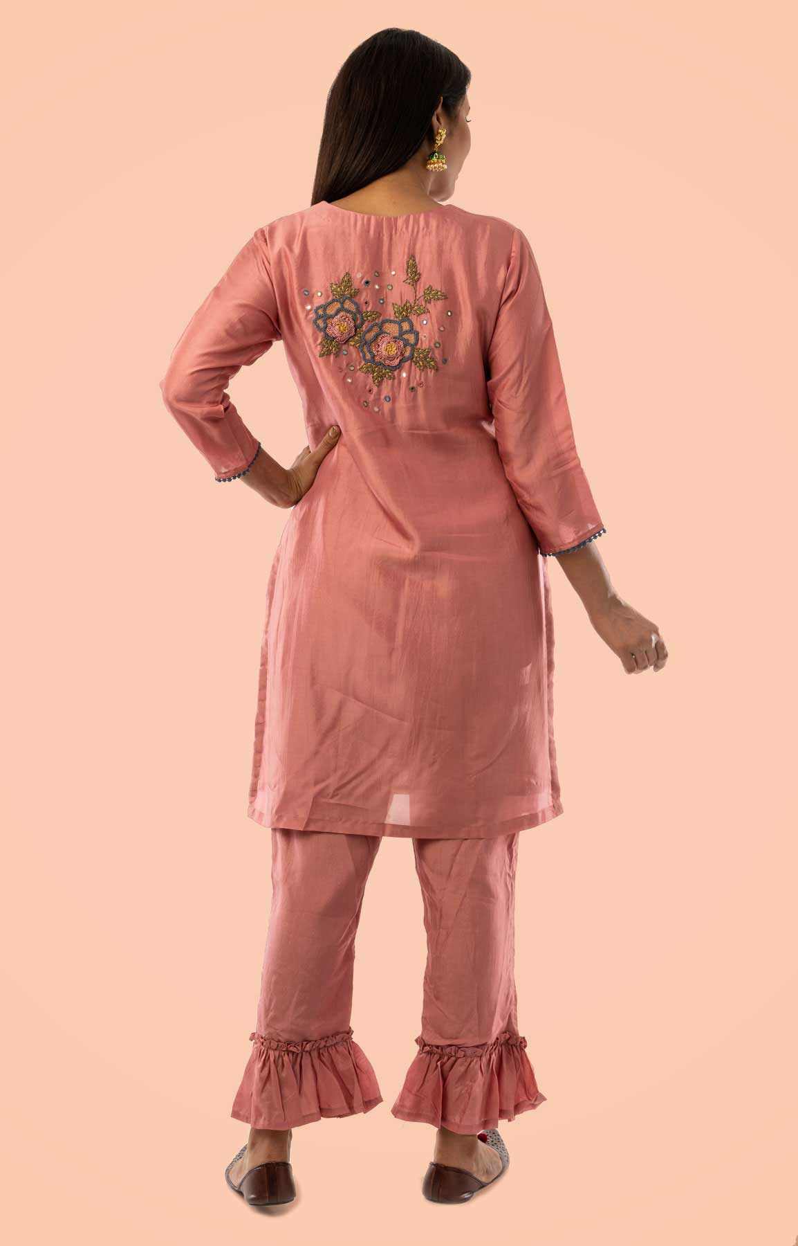 Coral Pink Uppada Silk Suit With Resham Work Paired With Scarf – Viraaya By Ushnakmals